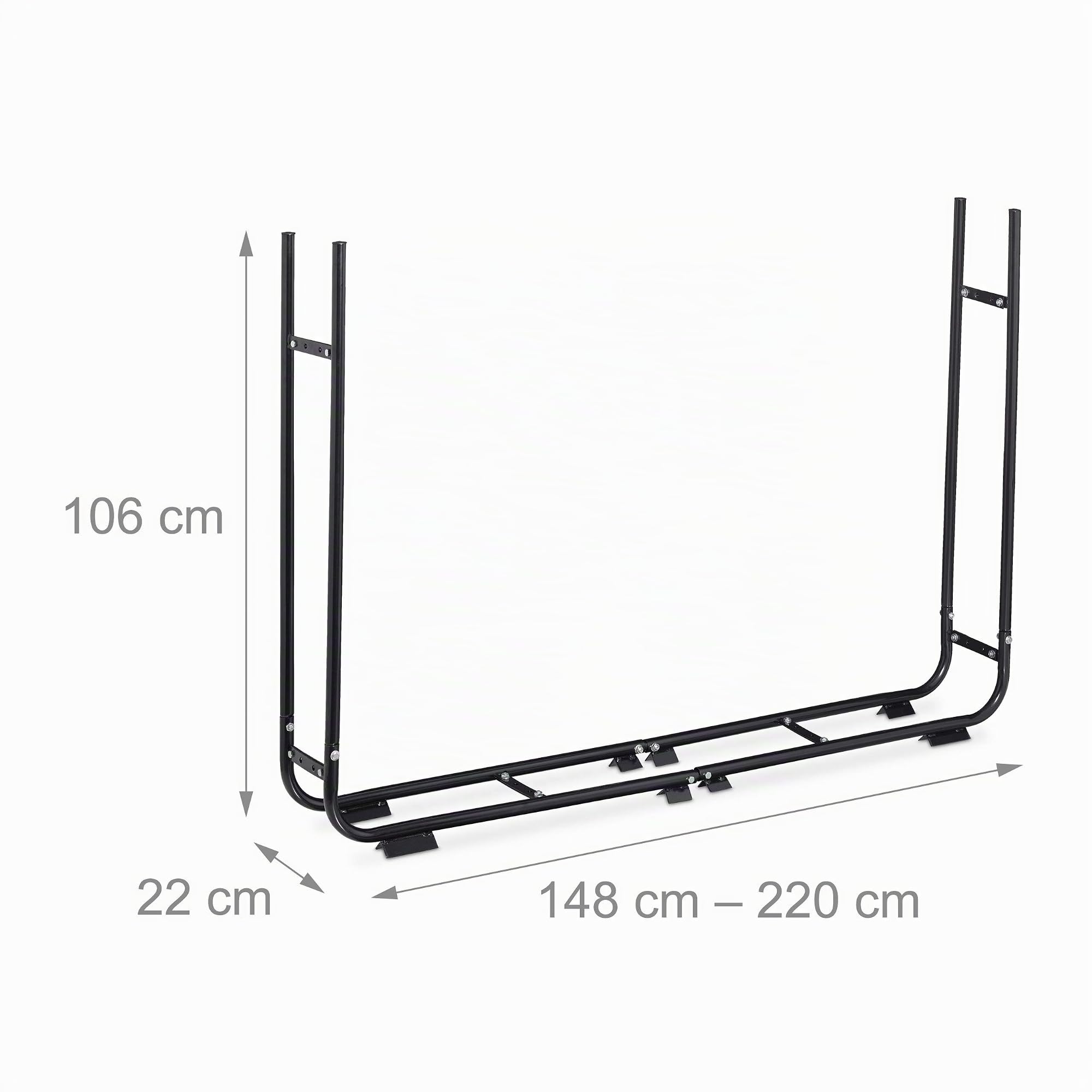 Relaxdays Portalegna Regolabile, Scaffale in Acciaio per Legna da Ardere, Camino, HxLxP: 106 x 148-220 x 22 cm, Nero