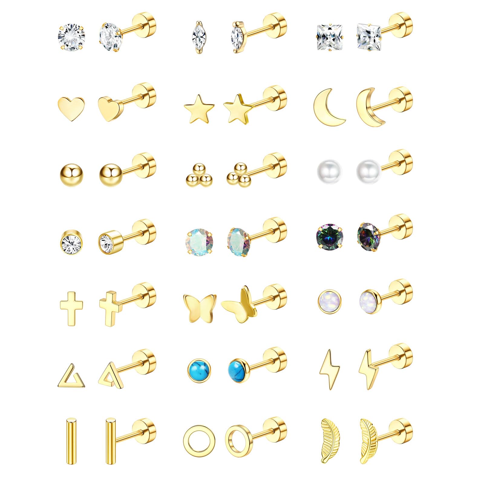 Jstyle 21 Pairs Hypoallergenic Flat Back Stud Earrings for Women Men Surgical Stainless Steel Earrings for Sensitive Ears