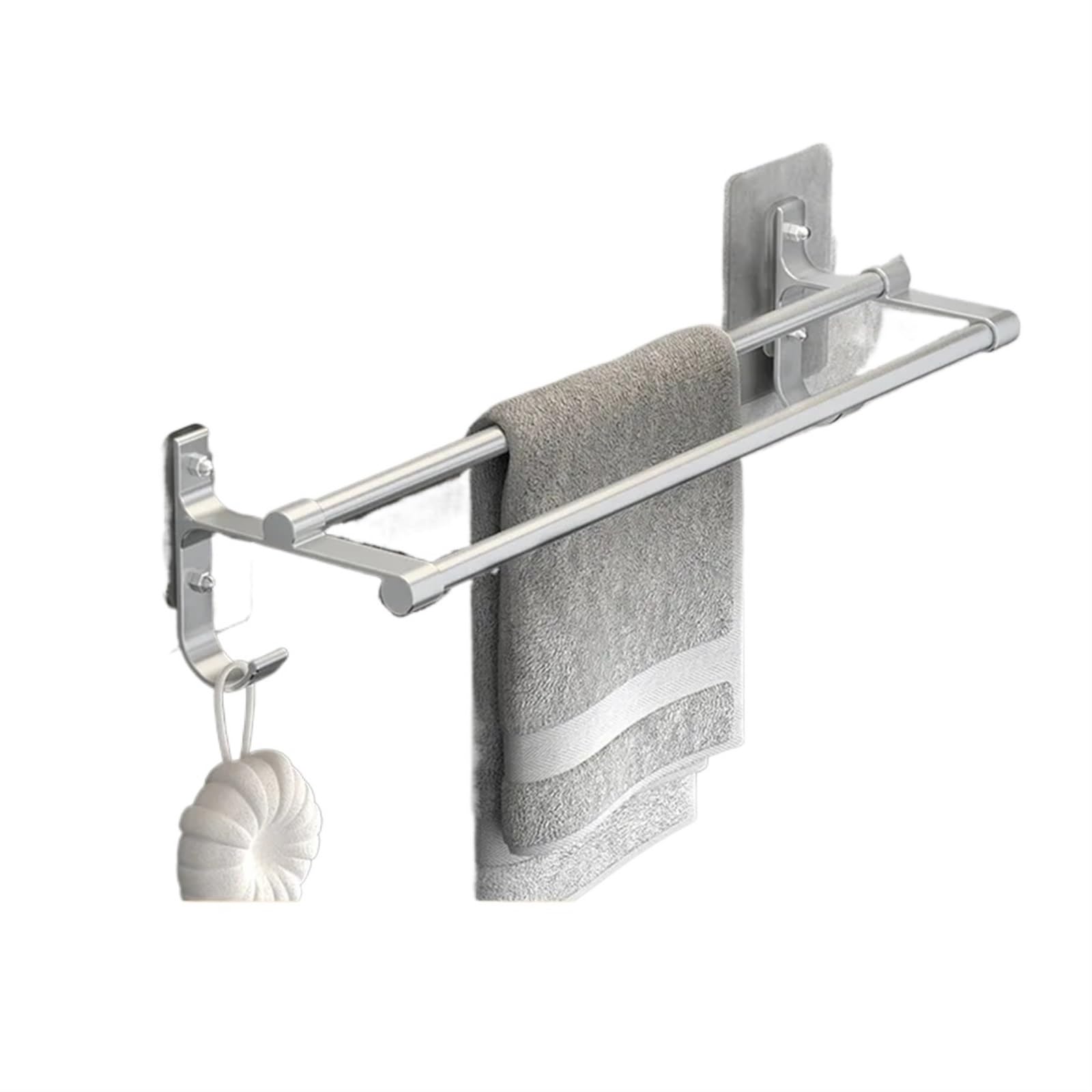 Self Adhesive Towel Rail Towel Racks Without Holes Space Aluminum Hanging Rack Suction Cup Toilet Wall Mounted Bathroom Double Rod Bar(Silver-40cm)