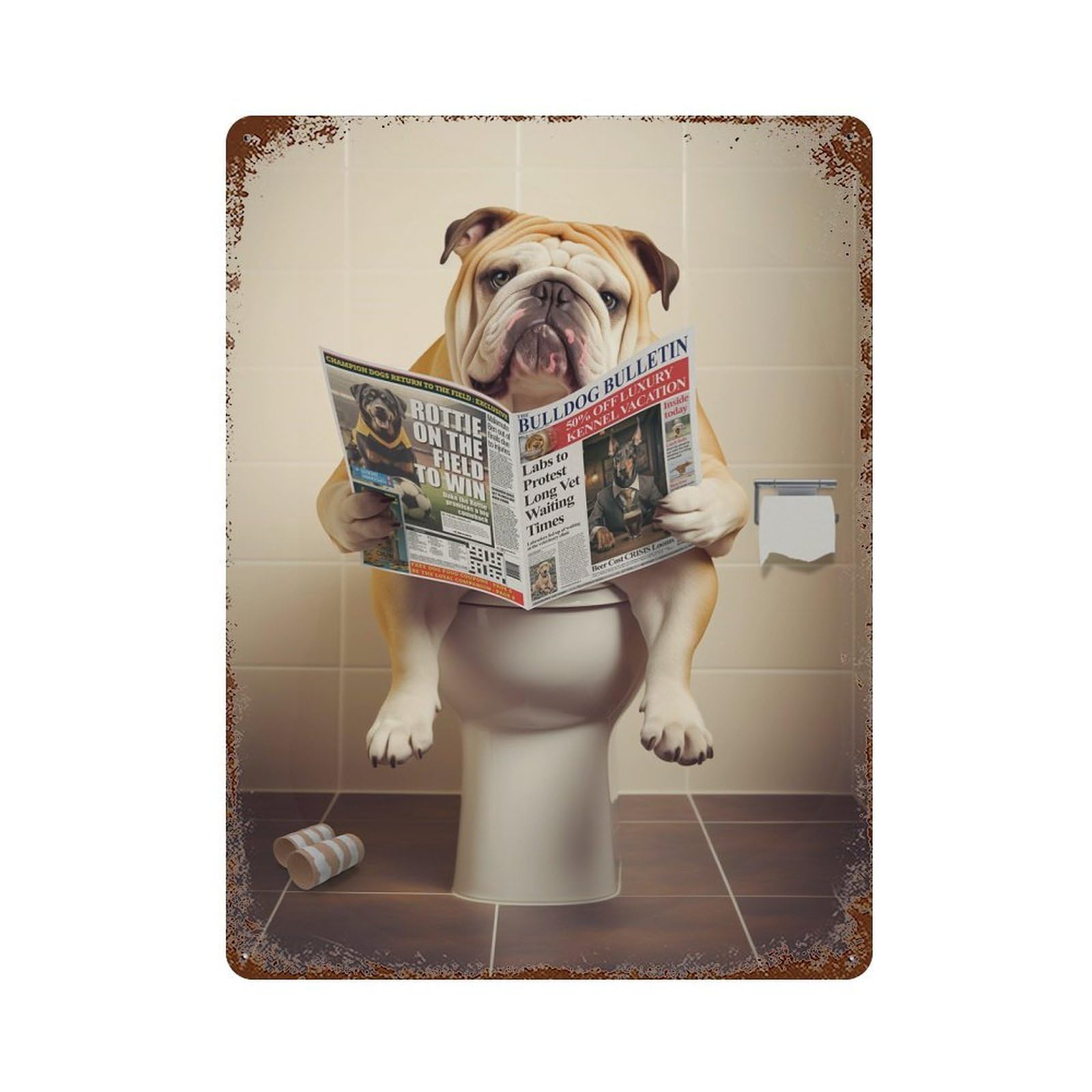 Rust Effect Bulldog on The Toilet Aged Metal Wall Plaque 15.7"x11.8", Rustic Home Decor for Bistro, Counter And Cafe Decor