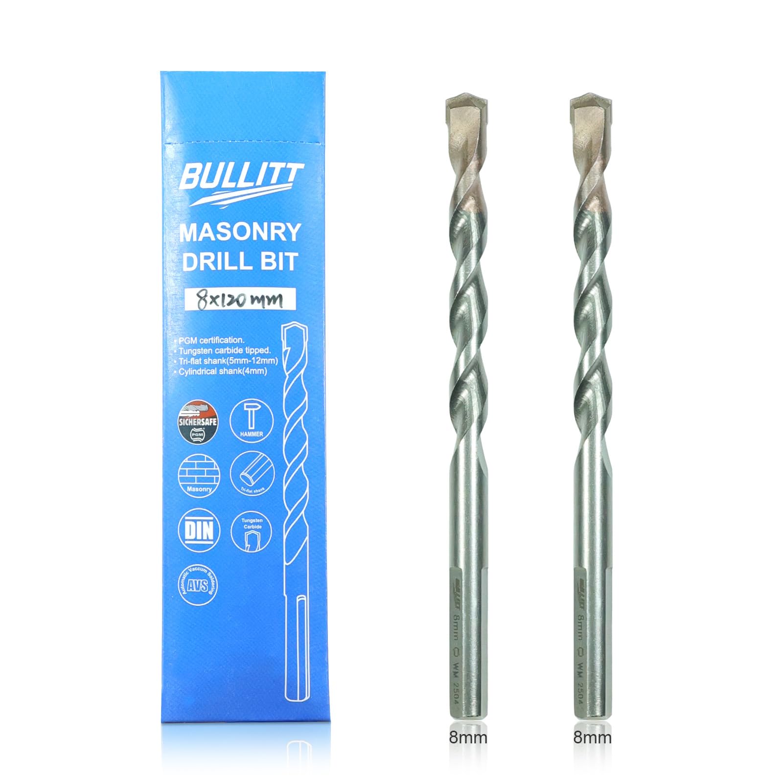BULLITT 2Pcs 8mm Masonry Drill Bits, PGM Certificated Drill Bit Sets for Masonry, Industrial Strength Concrete Drill Bits Set for Masonry,Block,Brick and Stone