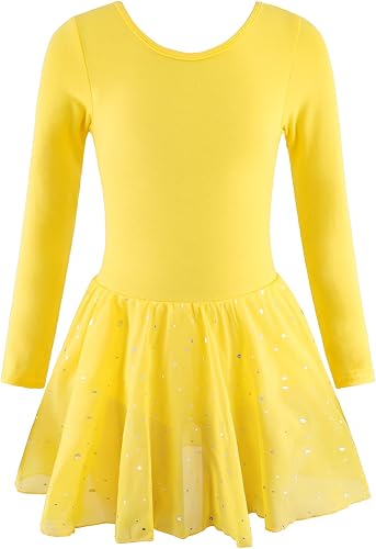 EQSJIU Gymnastics Long Sleeve Leotards for Girls Yellow with Shiny Skirt Dance O