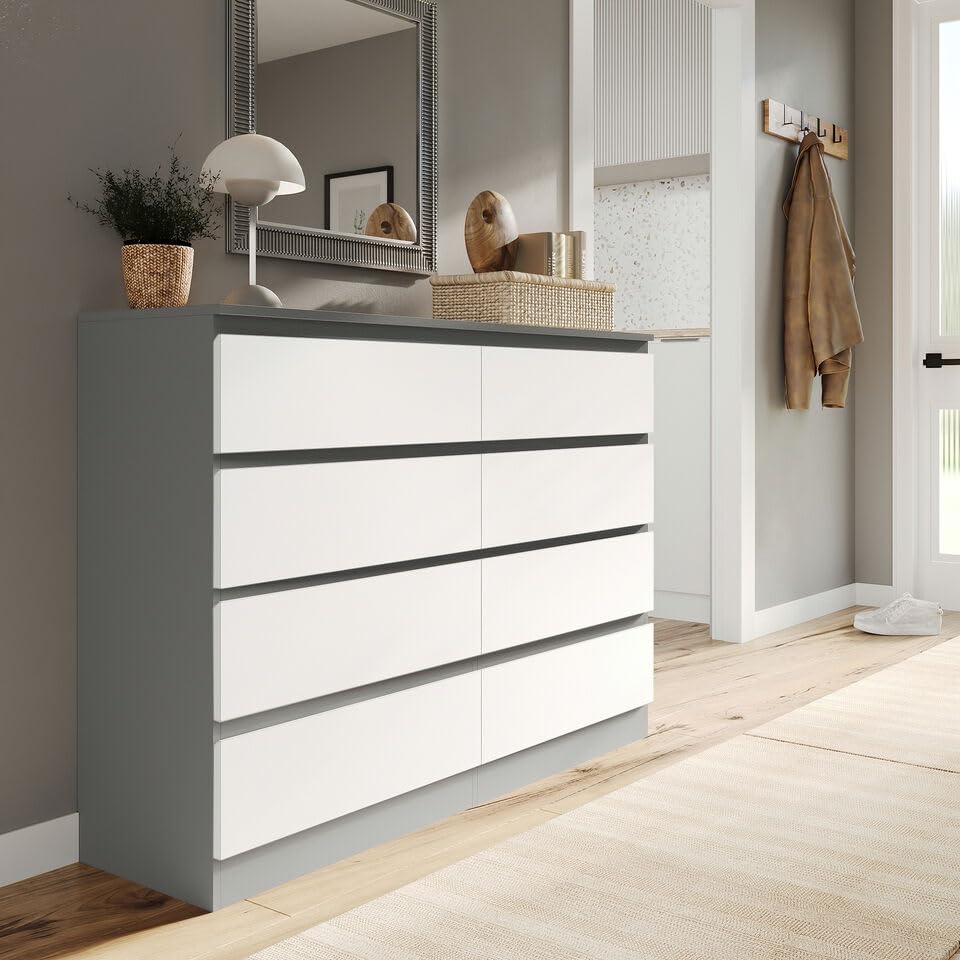 URBNLIVING Modern Grey Wooden Chest with White 8 Drawers for Bedroom Office Storage Versatile Bedside Table Stylish Cabinet for Organizing Clothes Accessories Work Place Supplies and Personal Items