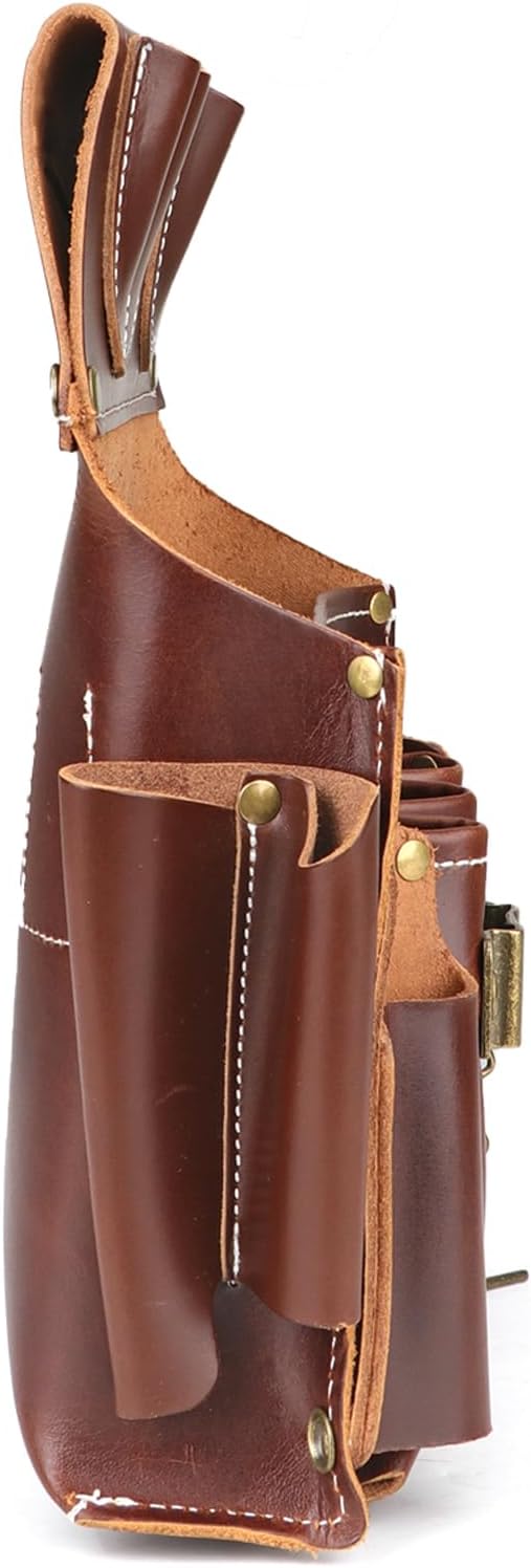 Tourbon Leather Electrician's Tool Pouch Kit Tools Organizer Utility Work Bag 10 Pockets with Tape Holder Tape Chain 2 inch Tunnel Loop for Belt