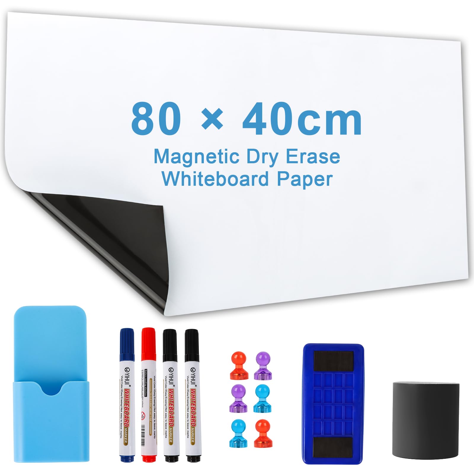 Cinnani Lavagna Bianca Magnetica Adesiva Cancellabile, 80 x 40CM Lavagna Magnetica da Parete, Include 4 Pennarelli, Cancellino e 6 Magneti, Multiuso Lavagna Cancellabile per Scuola, Ufficio, Casa, DIY