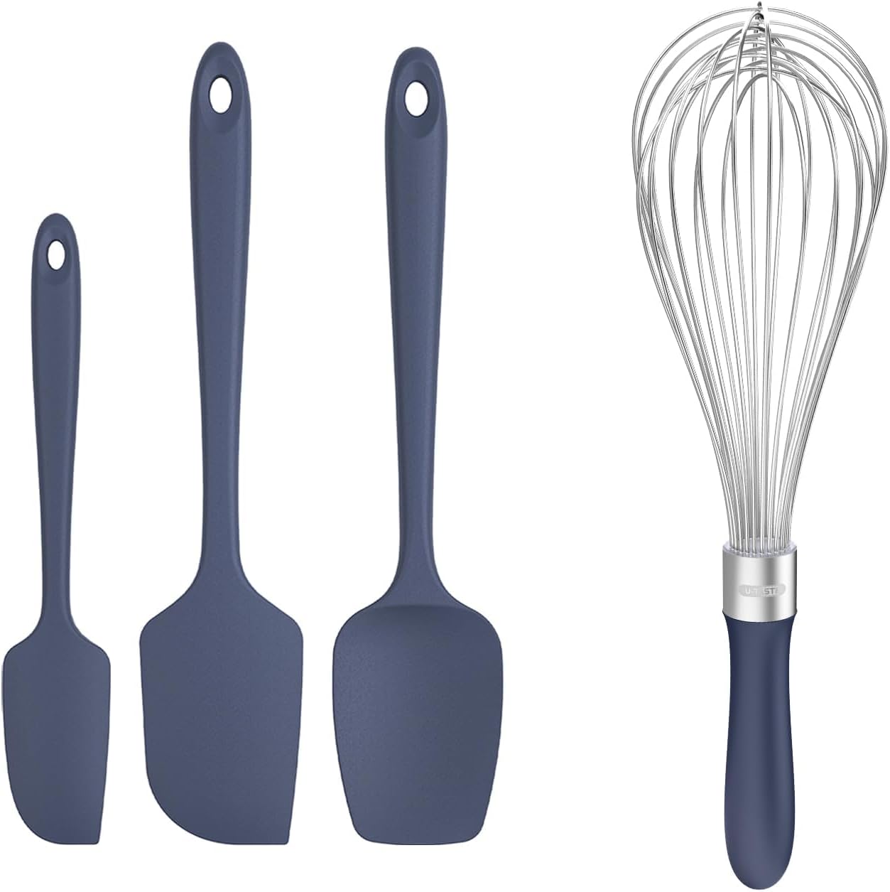 U-Taste 600ºF Heat Resistant Food Grade Silicone Flexible Spatula Set of 3, and 18/10 Stainless Steel Balloon Whisk for Kitchen Cooking with 12 Flex Wires (Midnight Blue)