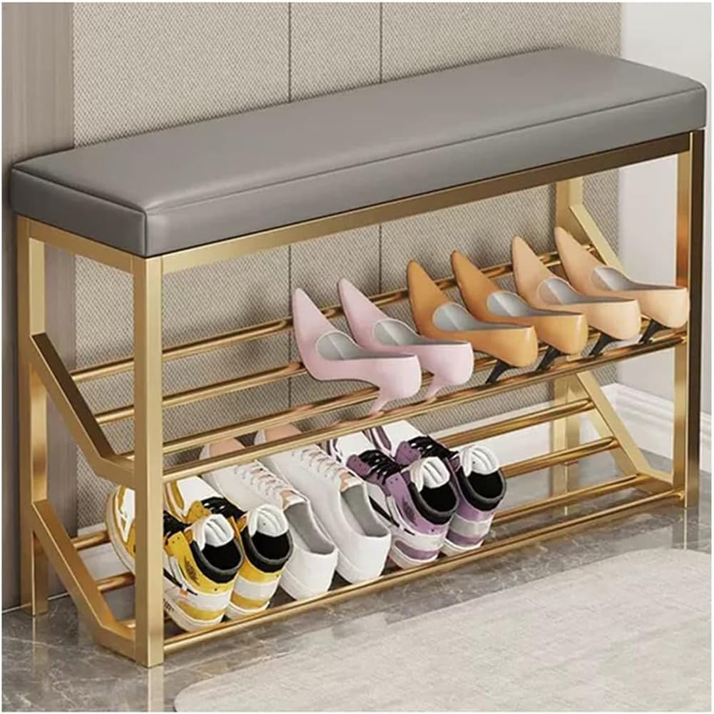 GYEQXKT Shoe Storage Bench with Metal Shelves, 2-Tier Entryway Organizer, Functional Shoe Rack with Seat for Hallway