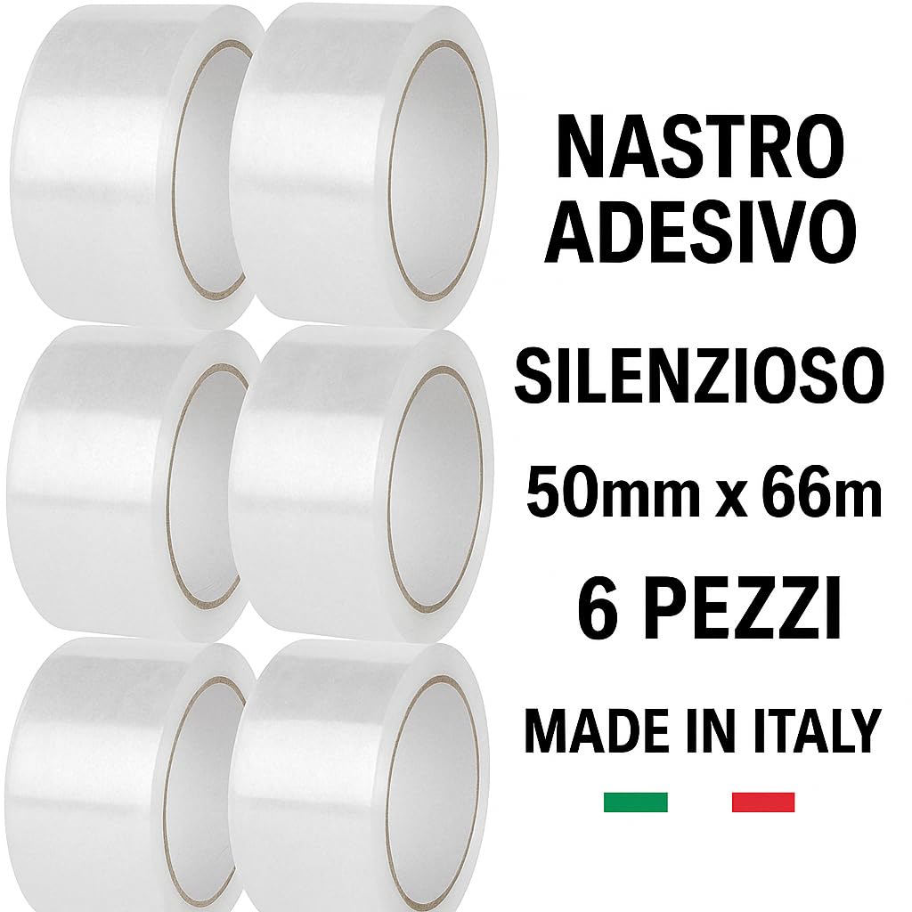 vidoelettronica Nastro Adesivo Imballaggio Silenzioso 50mm x 66m – Resistente per Traslochi, Imballi e Magazzino – Alta Aderenza, Protezione Cartoni – Made in Italy (6 pezzi trasparente silenzioso)