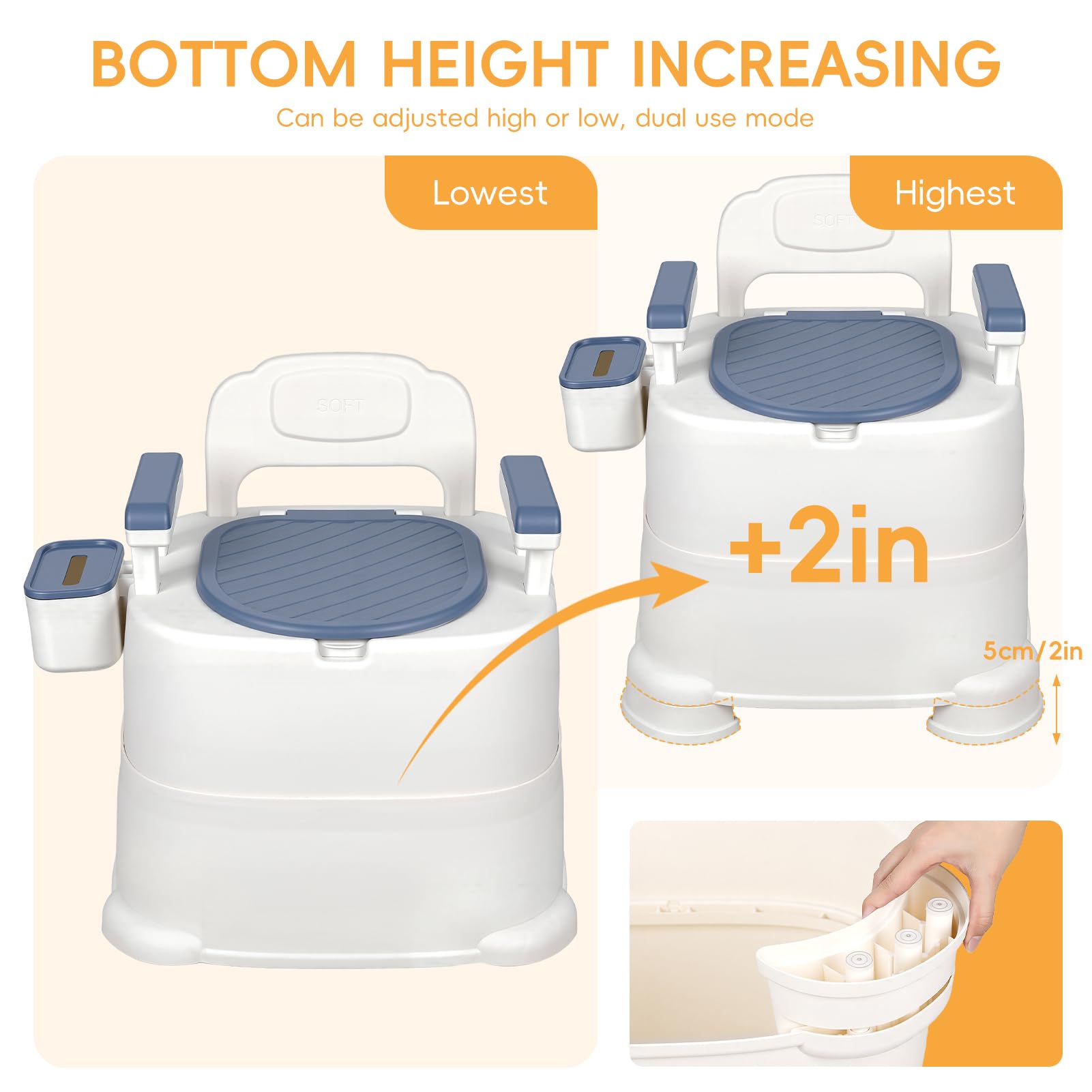Portable Commode Chair with Removable Armrest, Bucket & Paper Holder