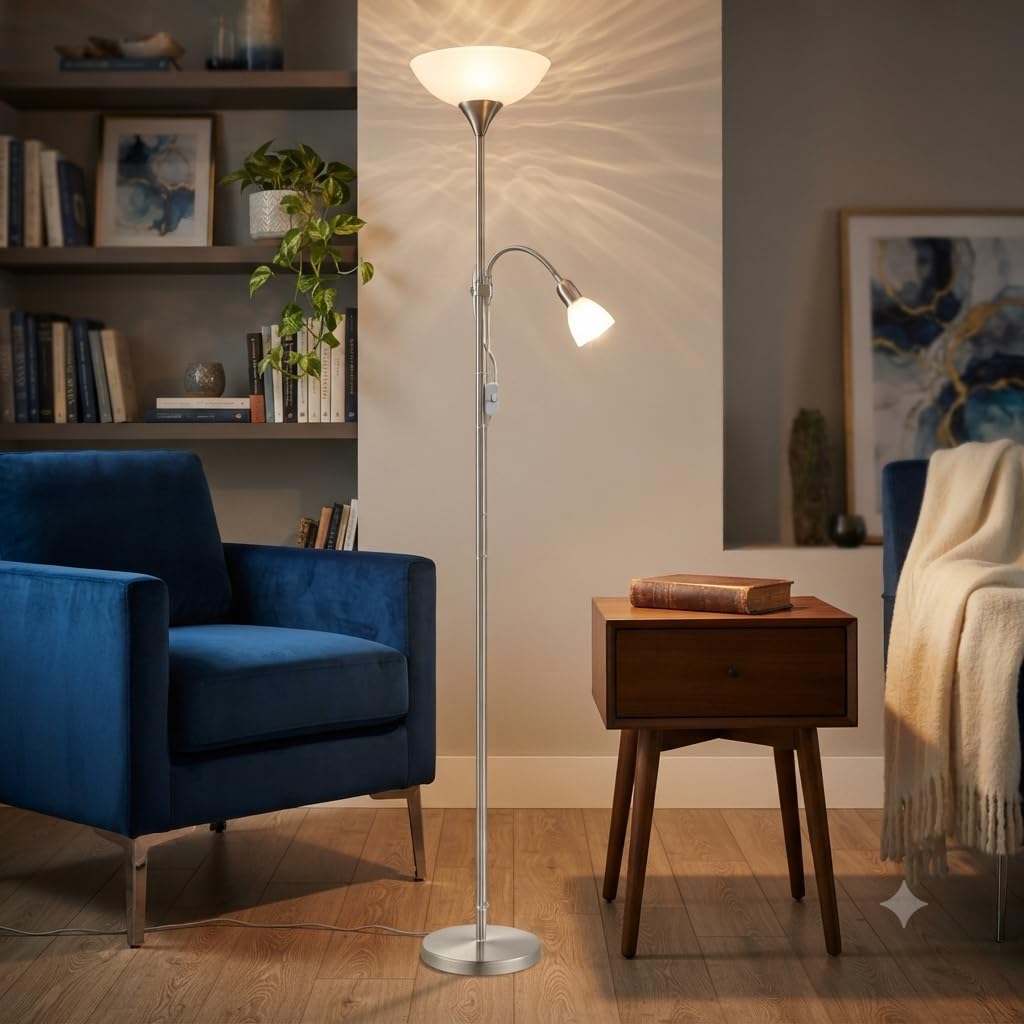 Eglo UP 2 Floor Lamp with Reading Light, Satin Nickel Uplighter Floor Lamp, Dual E27 & E14 Standing Lamp with White Shades, Modern Living Room Reading Lamp, 1765mm Height-image-2