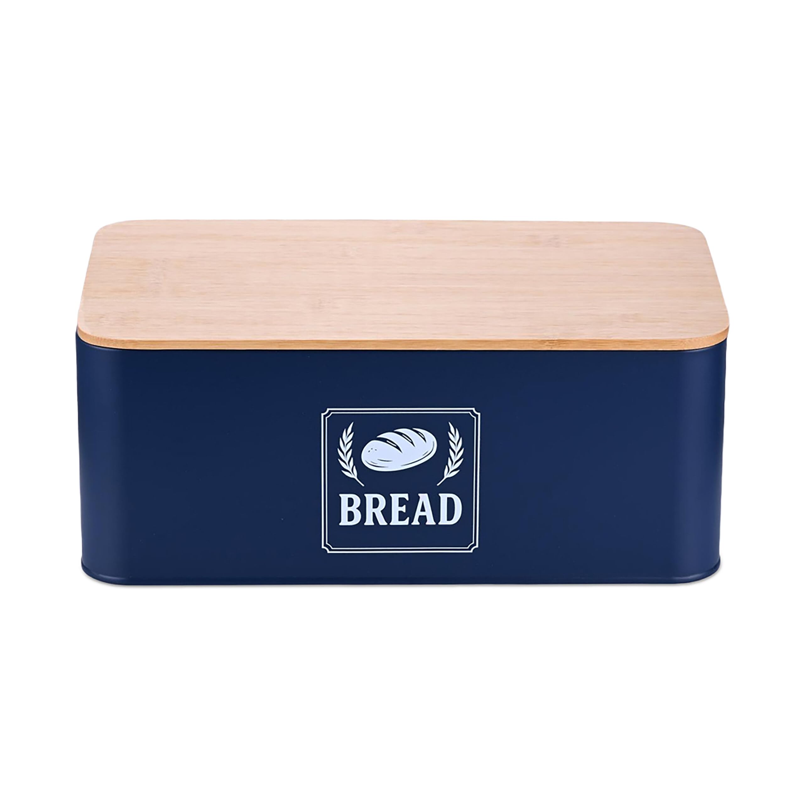 Relaxdays bread box, bamboo lid, metal, HWD: 13.5 x 33 x 19 cm, retro bread storage, bread container, dark blue