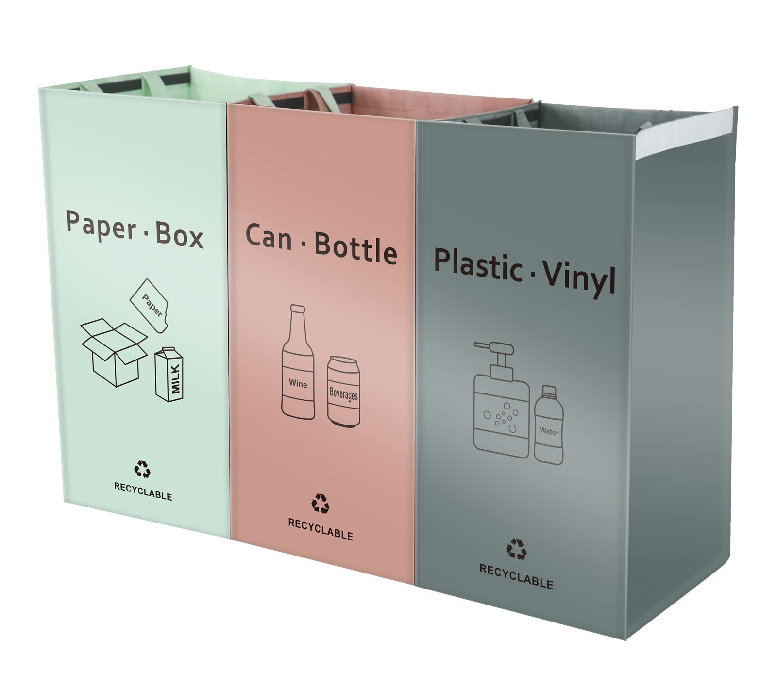 BOMEI PACK Lot de 3 Bacs de Déchets Trieur à Déchets pour Recyclage Rose Gris Vert Poubelle Extérieur Intérieur Papier Verre Plastique