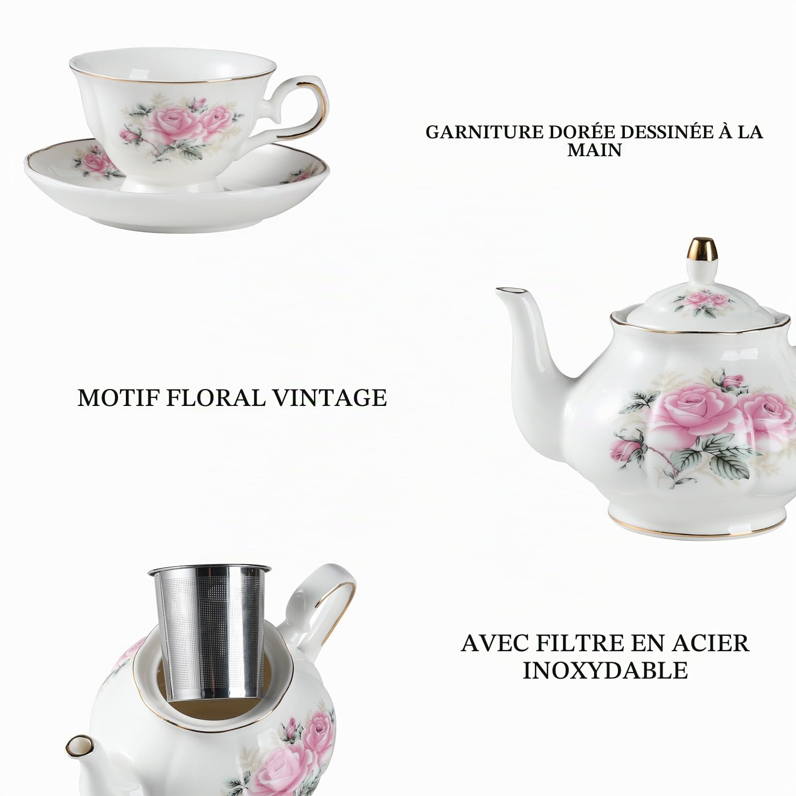 Sweejar Home Théière en Porcelaine, Motif Floral Doré, 850 ml, 3 à 4 Tasses (Fleur Rose)