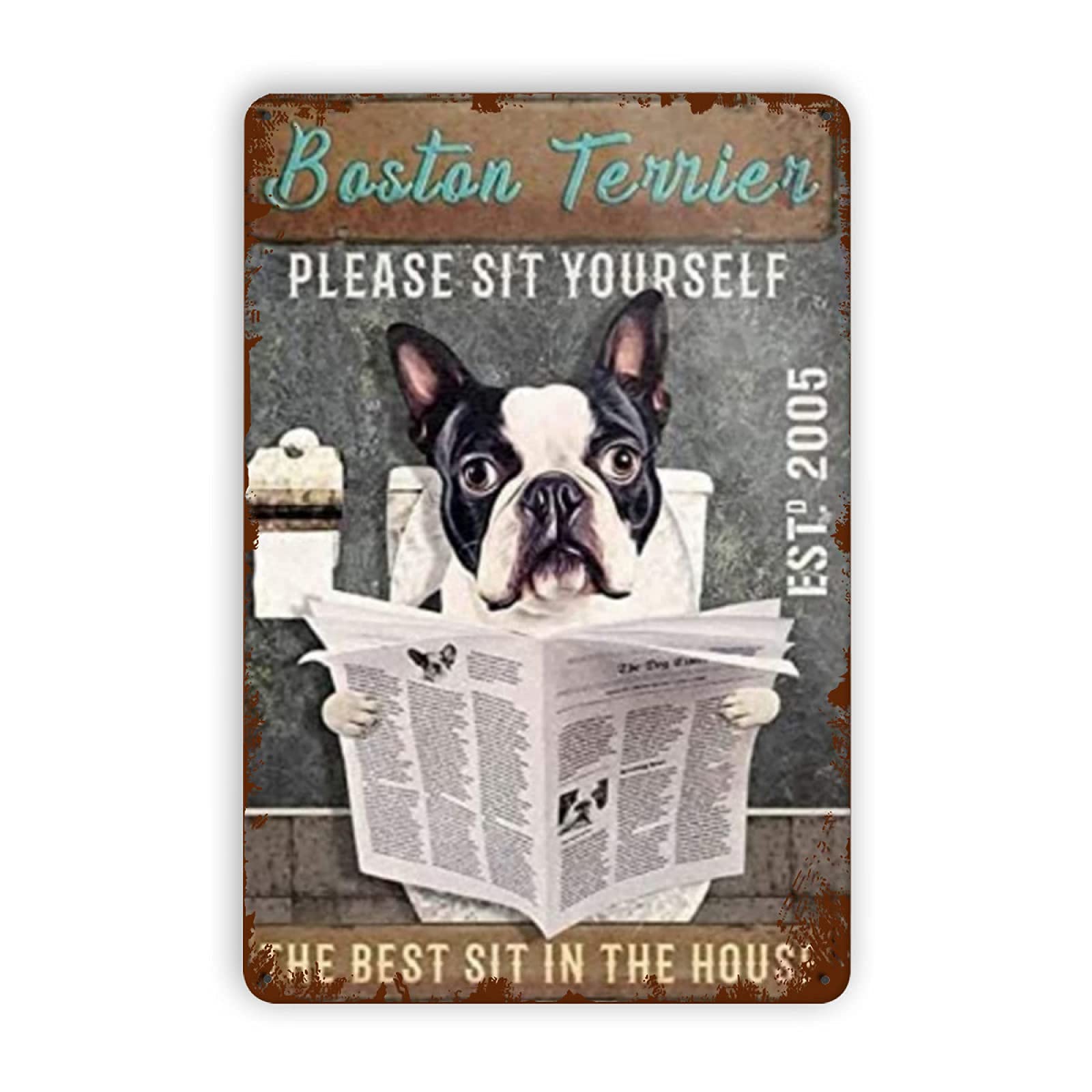 Boston Terrier Dog Bathroom Metal Tin Signs Reproduction, Vintage Wall Decor Retro Art Tin Sign Funny Decorations for Home Bar Pub Cafe Farm Room Metal Posters 8x12 Inch