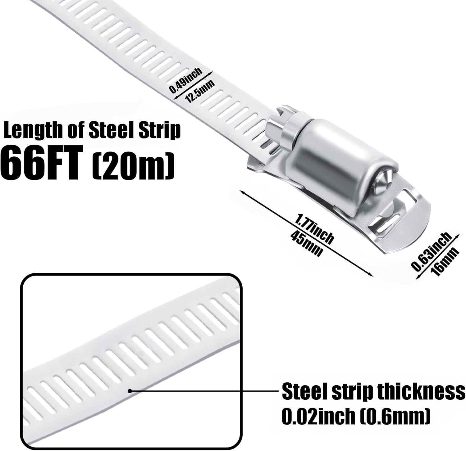 Hose Clamps Stainless Steel 304 Kit DIY, Cut-To-Fit 66FT Metal Strap + 50 Fasteners, Adjustable Worm Gear Hose Clamps, abrazaderas para mangueras for Pipe/Duct/Tube