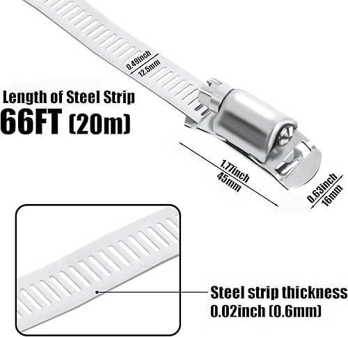 Miniatura 2 de Kit de abrazaderas de manguera de acero inoxidable 304 para bricolaje, correa de metal cortada a medida de 66 pies + 50 sujetadores, abrazaderas de