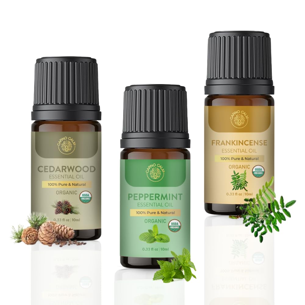 Carno Calm Exotic Essential Oil Combo | Pack of 3 | 100% Pure Cedarwood Oil, Peppermint Oil, Frankincense Oil | USDA-Approved for Aromatherapy, Skincare Essentials