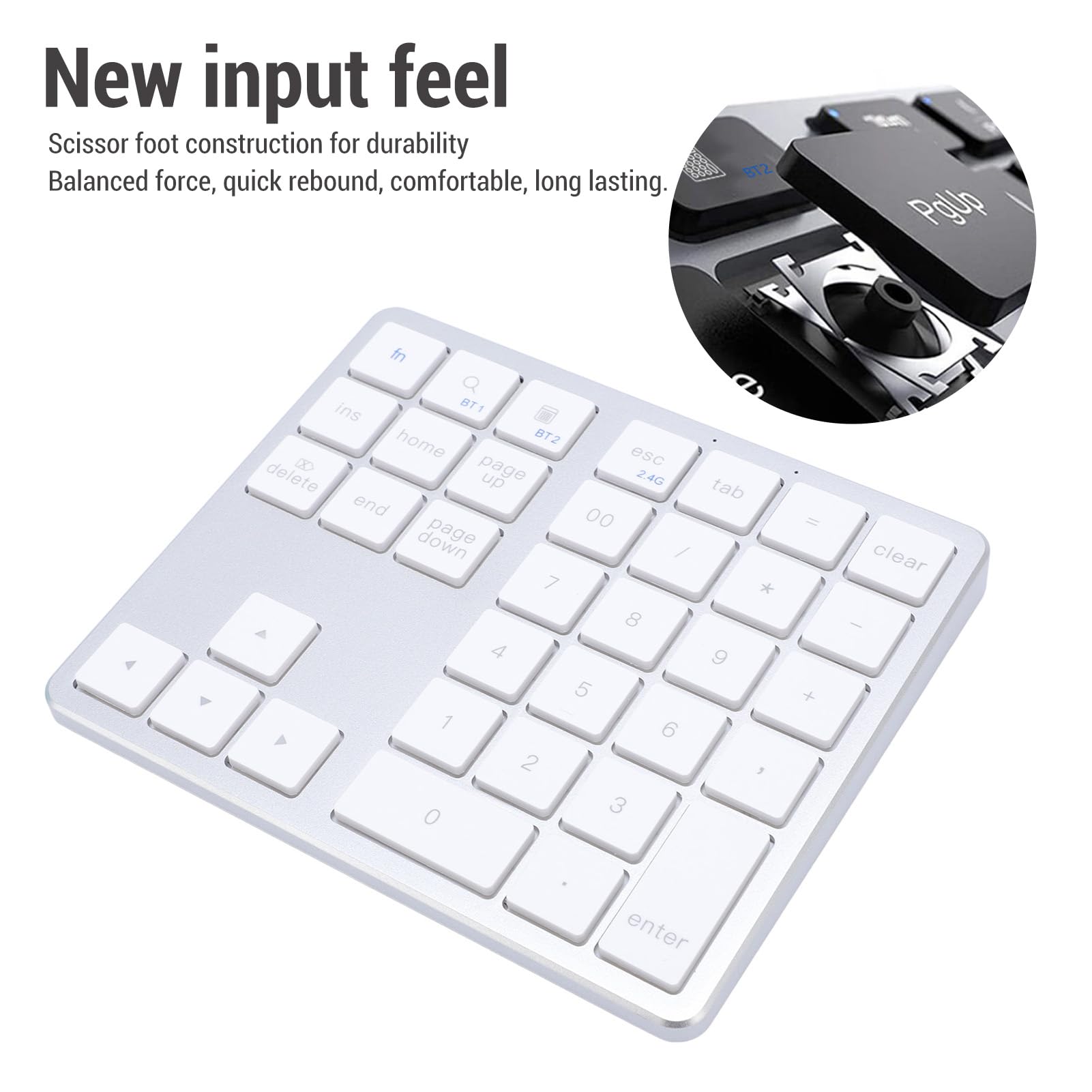 Vikye Cordless Number Pads, 35 Keys Portable Rechargeable Numeric Keypad, Universal Dual Mode Numpad Fit for Laptop, PC, Desktop (Silver White)