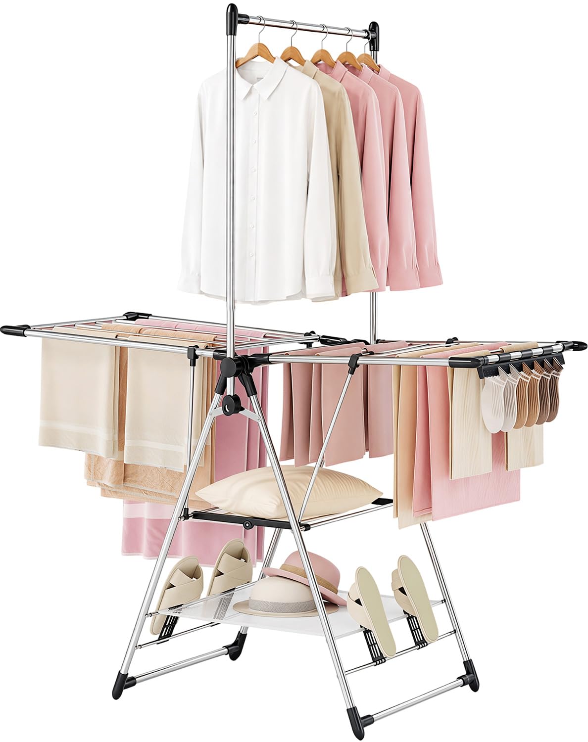 Photo 1 of ***PARTS ONLY****APEXCHASER Clothes Drying Rack with High Hanger, Foldable 3-Level Drying Racks with Shoe Rack, Crossbar and Vertical Rod Laundry Stand with Adjustable Wings Silver