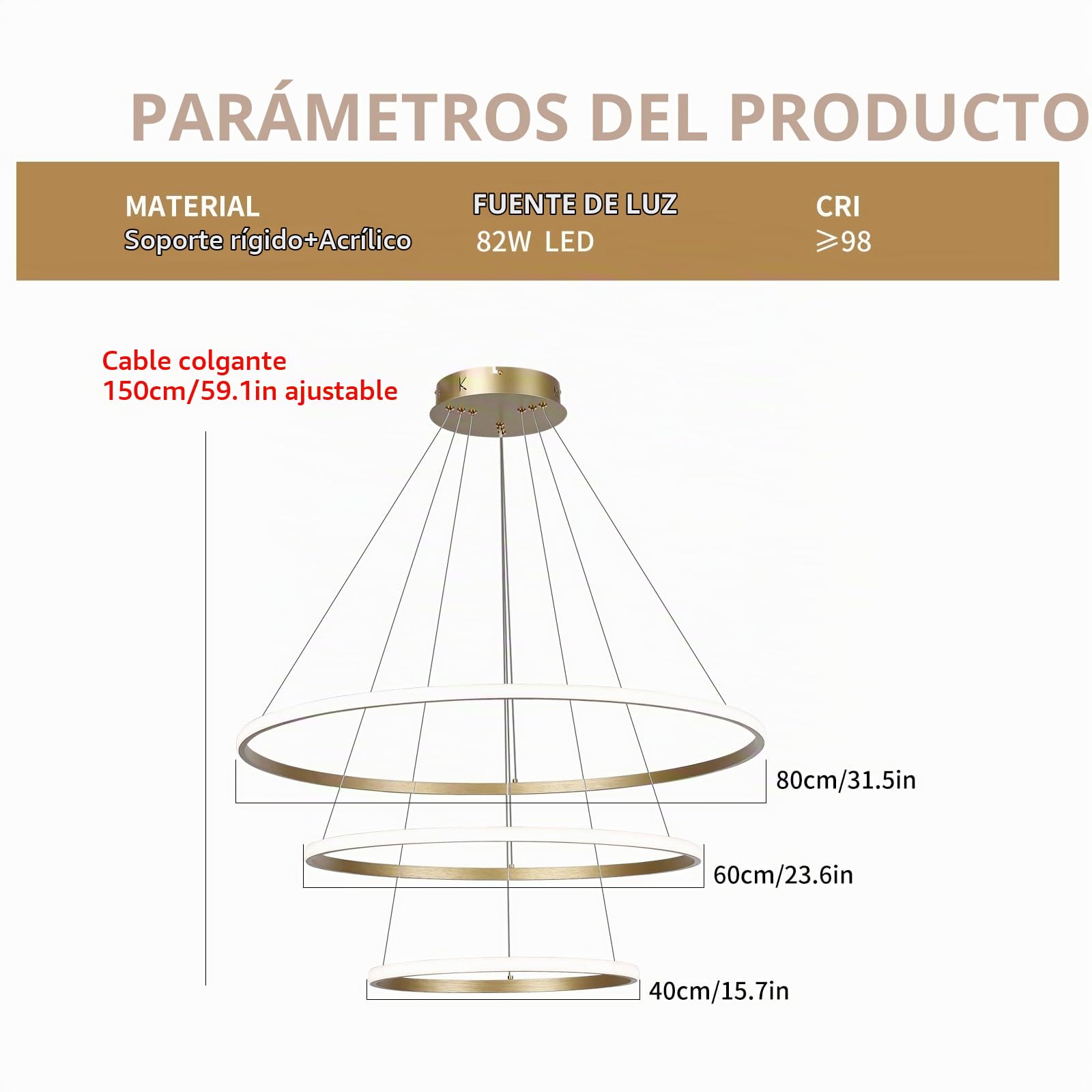 IluminacióN Colgante Led Para Sala De Estar,Accesorio De IluminacióN Colgante AcríLico Regulable De 3 Anillos,Isla De Cocina Dorada Para Techo,Sala De Estar,Dormitorio,VestíBulo De Entrada 40+60+80 Cm