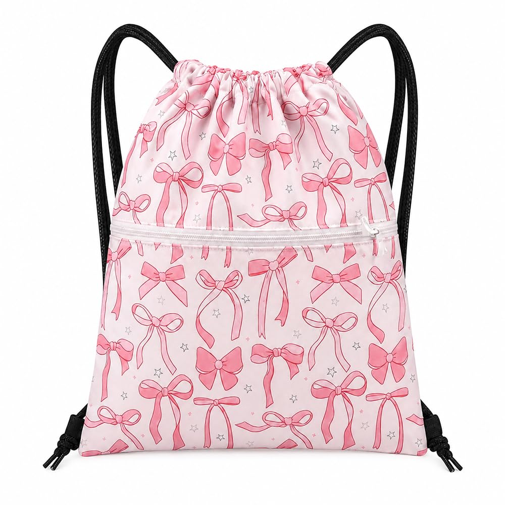 Pink Bow Drawstring Bag 45x36cm, Travel Sports School Backpack for Women