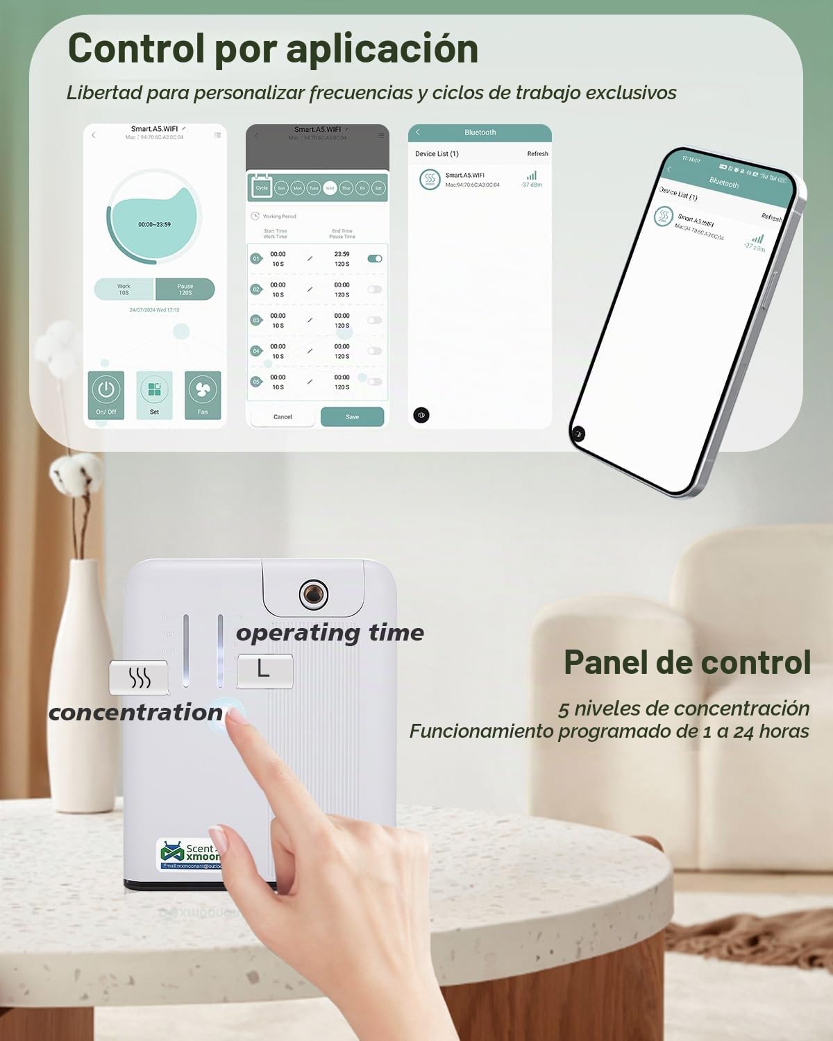 Mxmoonant Difusor de Aceite Esencial sin Aguacon con Niebla Fría, Que Cubre 300-500m³, Botella de Aceite de 300ml, de Pared, App Control&Timer, para Hotelaria, Tiendas, Gimnasio, Restaurante