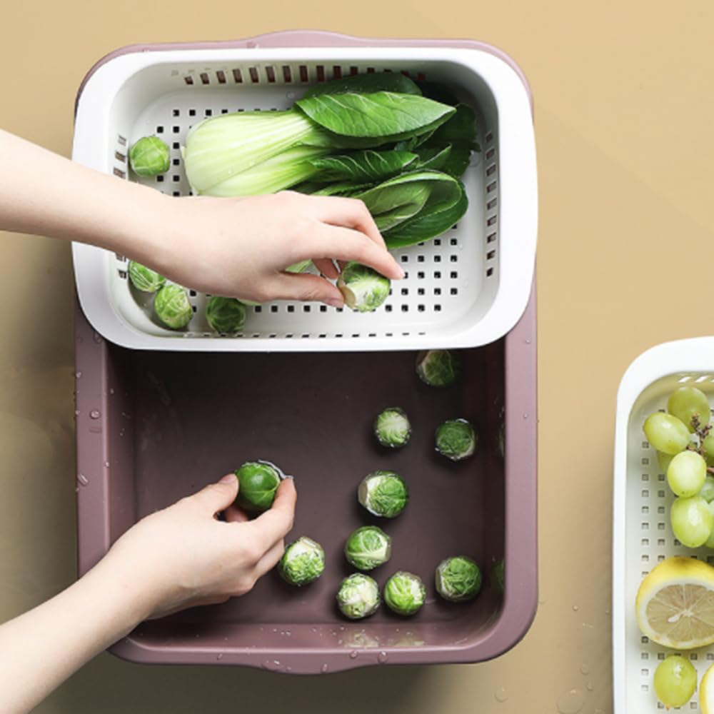 Scolapasta in plastica a doppio strato staccabile, scolapasta di pulizia della cucina per lavare frutta e verdura (rosso)