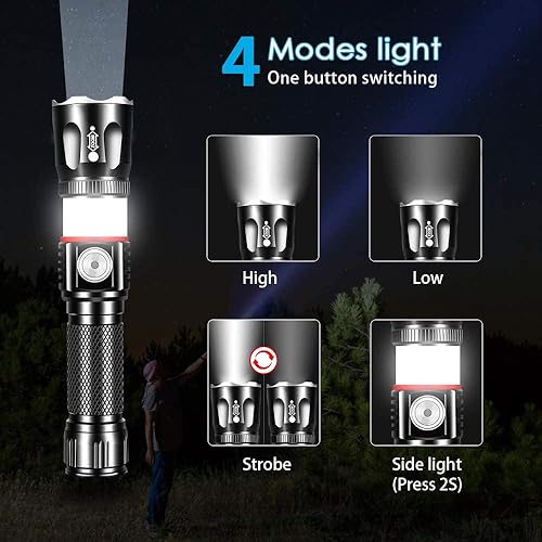 Miniatura 5 de Linterna táctica recargable, linternas LED de alto lúmenes, base magnética de mano, súper brillante, zoomable, resistente al agua, 4 modos, potente