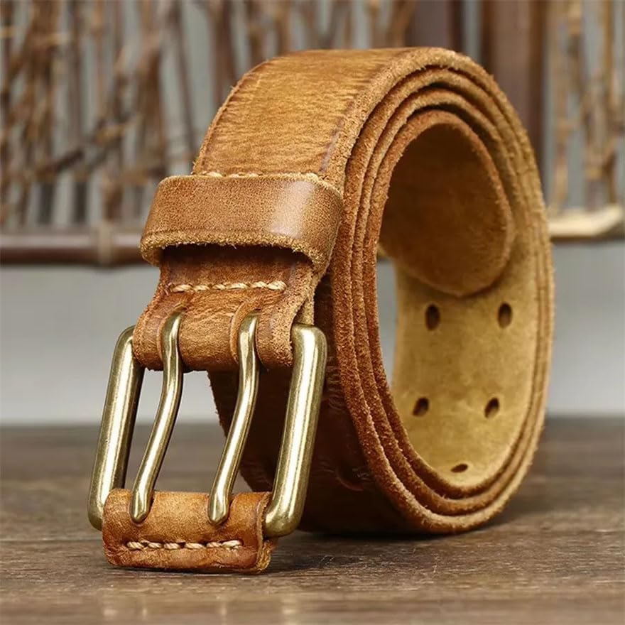 Pohullan Men 3.8cm Vintage Belt Leather Copper Double Needle Buckle Handmade Jeans Belts3