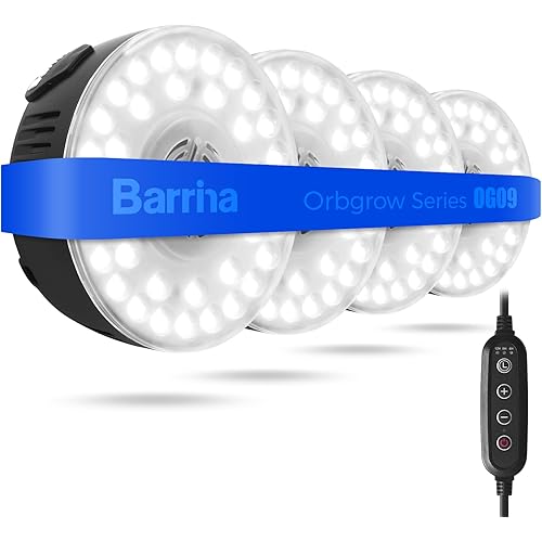 Barrina Orbgrow OG09 Puck Grow Light, 5000K 36W(4 x 9W, 540 Watt Equiv), Full Spectrum Plant Light for Indoor Plants, Magnetic & Linkable with Timer, 5 Levels Dimmable for Plant Shelf, 4 Packs, Black