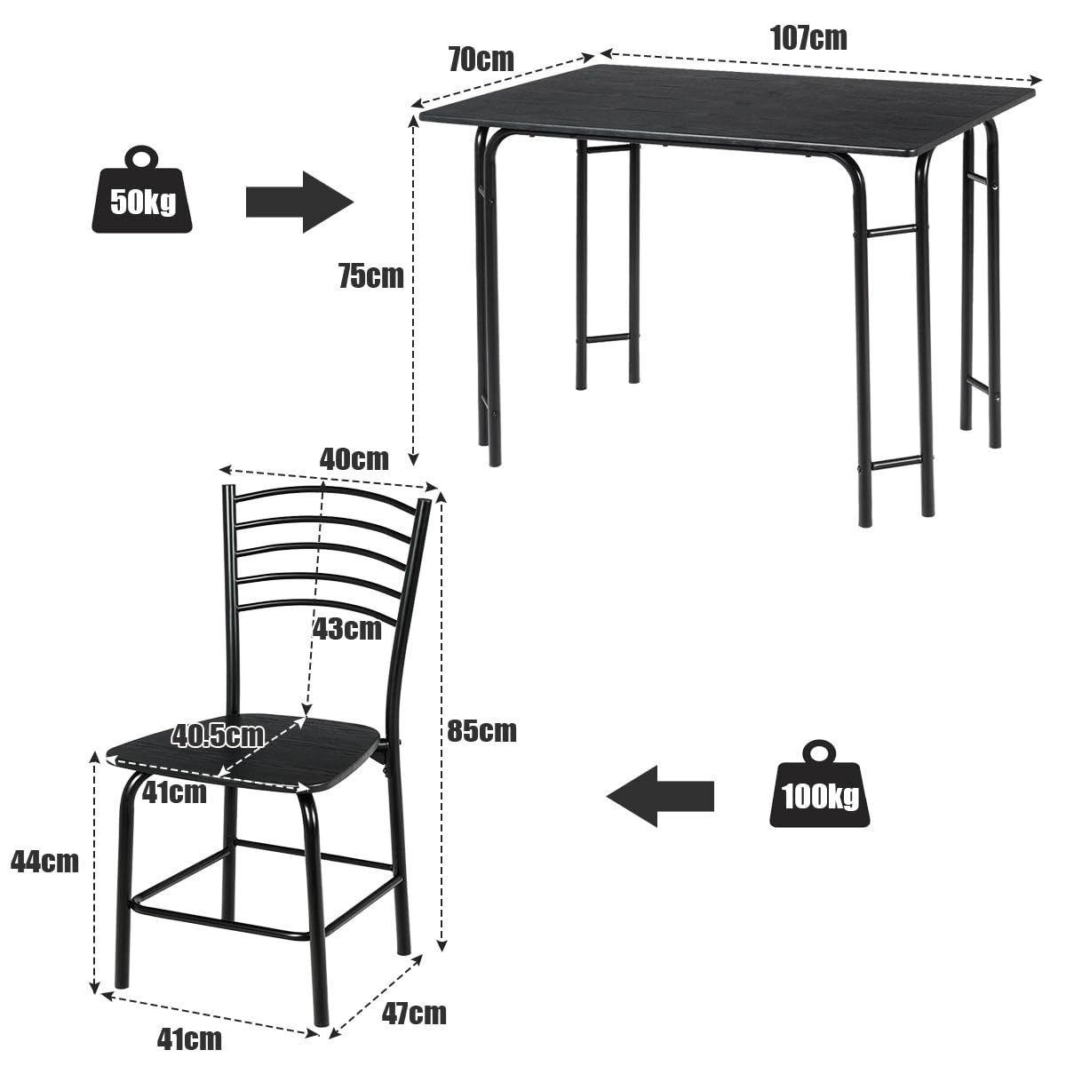 HOMASIS Set da Pranzo con 1 Tavolo e 4 Sedie in Legno, Tavolo Rettangolare con Sedie Ergonomiche, 107 x 70 x 75 cm, Nero