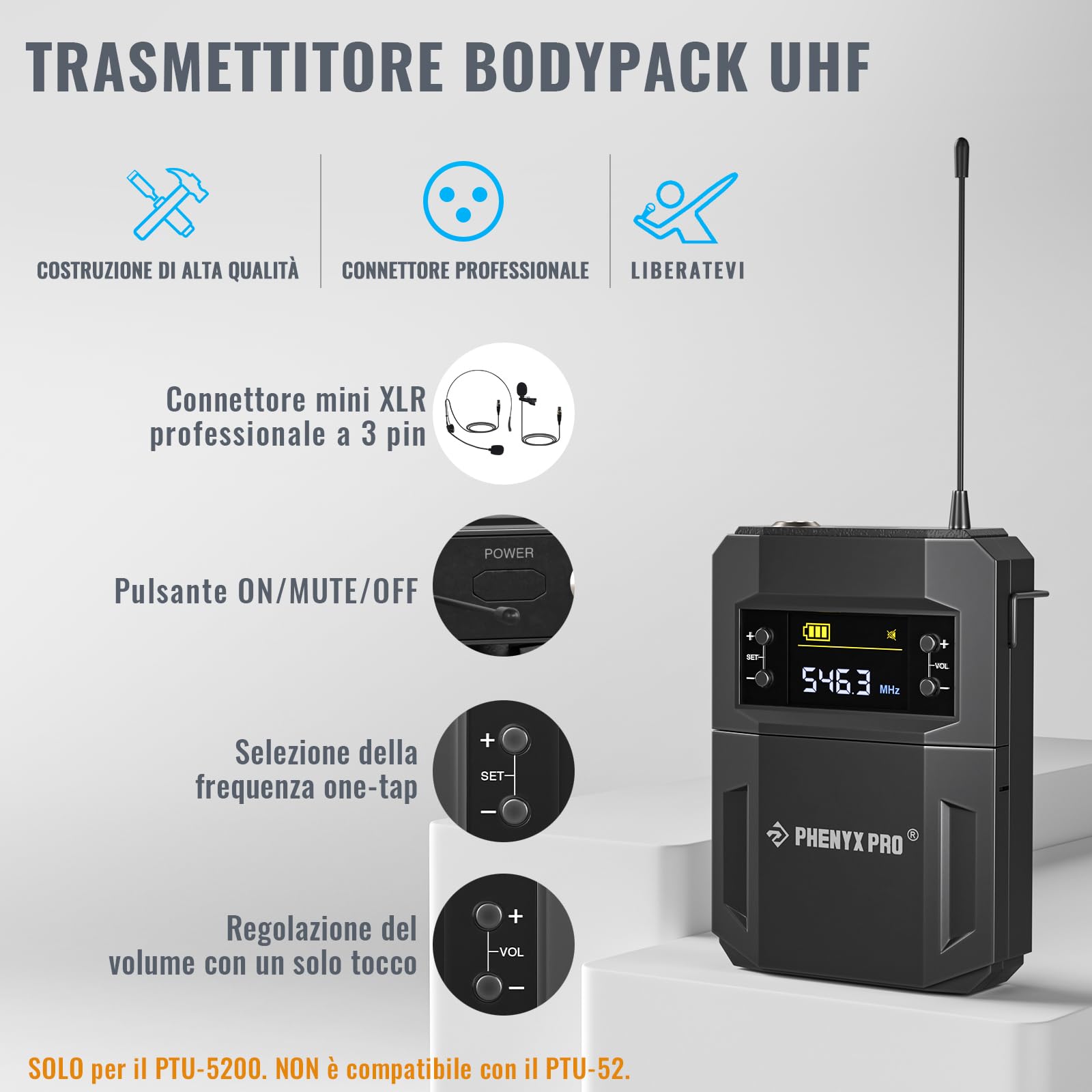 Phenyx Pro Sistema microfono wireless professionale a 4 canali con microfoni palmari, bodypack, archetto, da bavero, 4 x 25 frequenze UHF per canto, karaoke, chiesa (PTU-5200-2H2B)