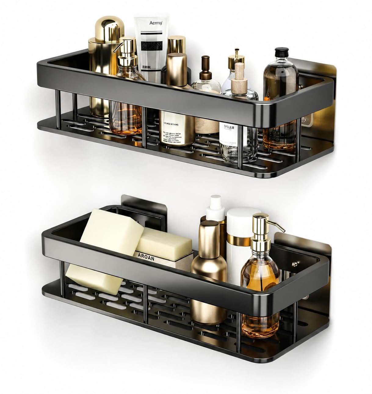 Aluminum Wall Mounted Bathroom & Kitchen Shelves | Wall Mounted Bathroom Shelves Rack Holder Stand for Bathroom Accessories Organiser Without Drill (Black, Pack of 2)-image-35