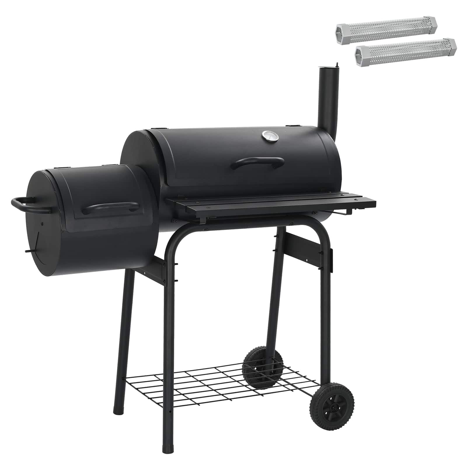 Outdoor Grill 103 x 60 x 113 cm Stahl Schwarz | Wetterfester Stahl, Edelstahl, verchromte Kochgitter, Kohlegrill mit Thermometer, Rauchabzug