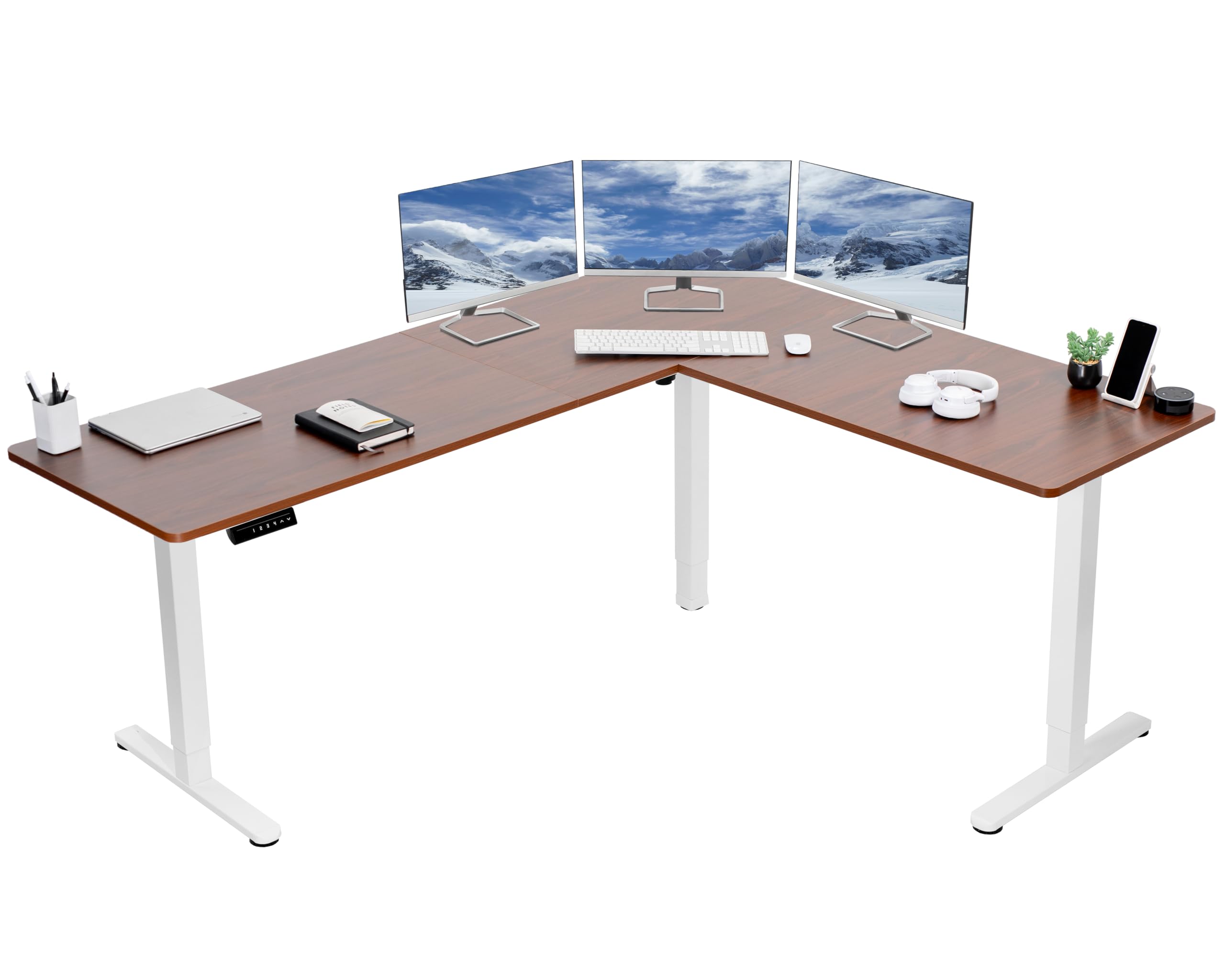 VIVO Electric Corner L-Shaped 75 x 63 in Standing Desk, Memory Height Adjustment, Dark Walnut Top White Frame, DESK-E3CTWD-75