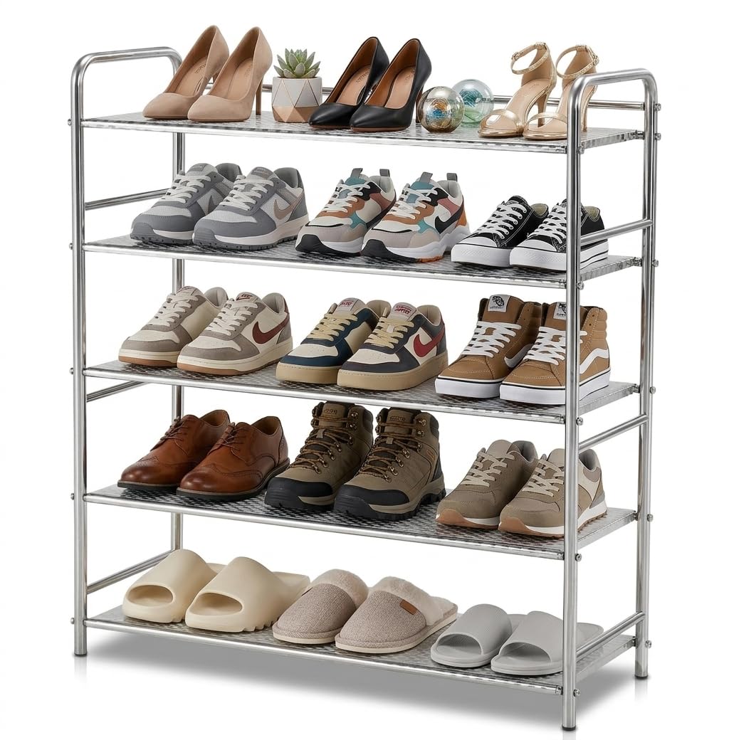 Porte-Chaussures 5 Niveaux INOX | Organisateur Métallique pour Placard & Entrée | Étagère à Chaussures Gain de Place Empilable