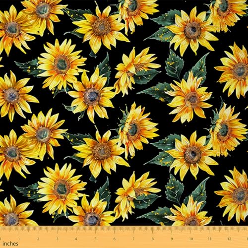 Feelyou Sunflower Outdoor Fabric by The Yard, Garden Yellow Floral Upholstery Fabric for Chairs, Blossom Flowers Botanical Pattern Decorative Fabric for Home DIY Projects, 1 Yard, Black Yellow