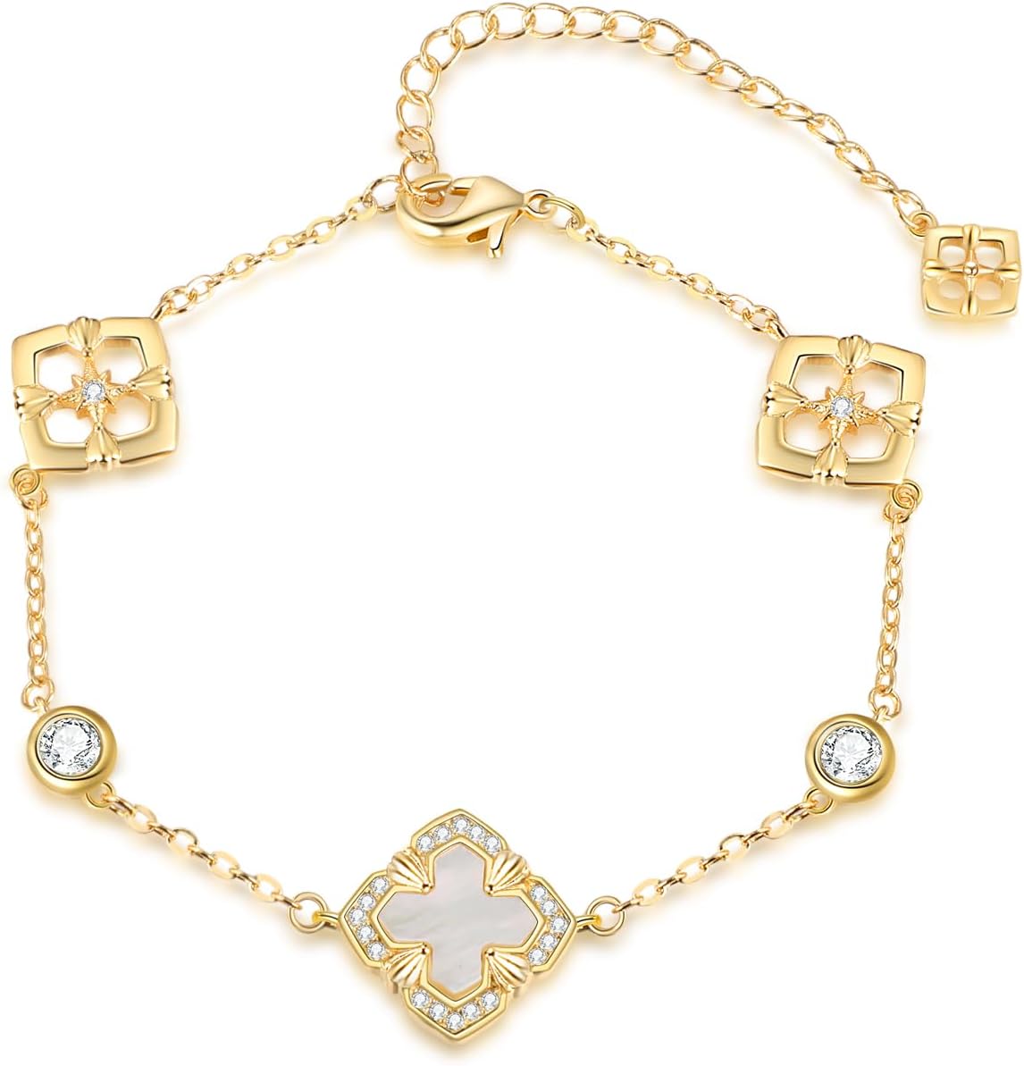 18K Gold Plated Clover Bracelets for Women, Four-Leaf Clover Bracelet with Sparkling Cubic Zirconia, Gold Charm Bracelet Lucky Link Dainty Jewelry, Trendy Unique Gifts for Women, GF, Mother, Wife, Her