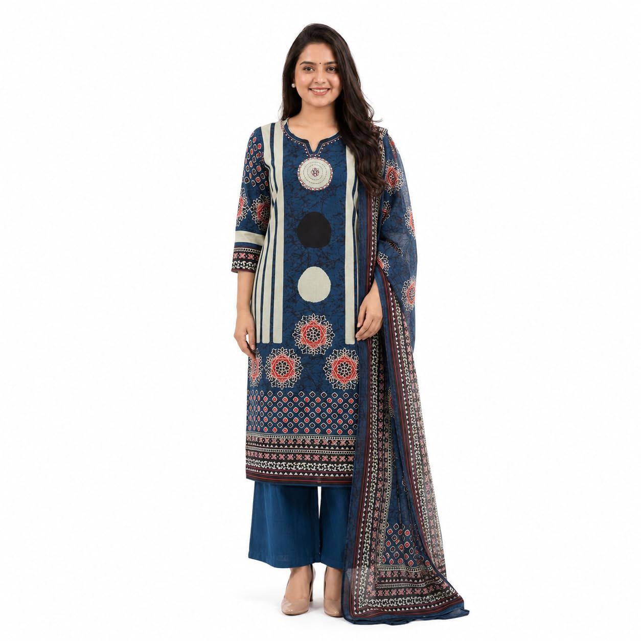 Women's Navy Blue Pure Cotton 60x60 Ajrakh Print Kurta Pant with Dupatta Suit Set-image-2