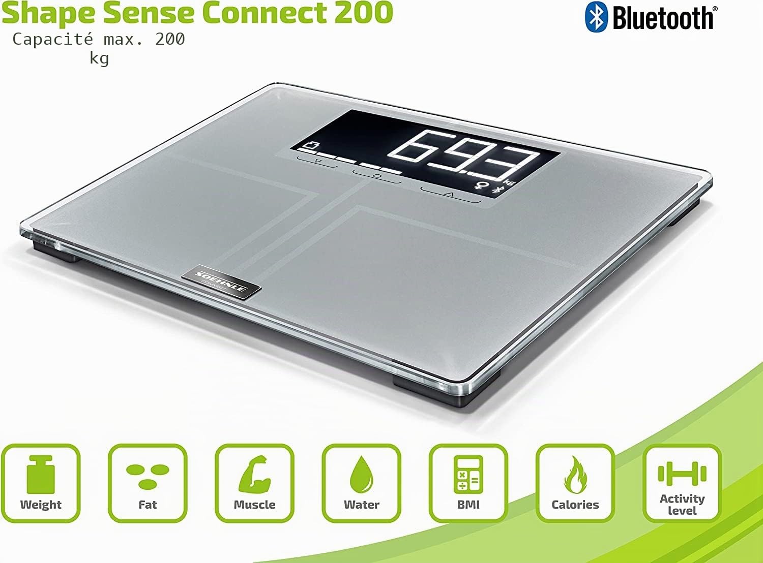 Soehnle Pèse personne connecté Shape Sense Connect 200, Balance connectée | Balance électronique impédancemètre, 200 kg, mode athlète, 8 utilisateurs, technologie BIA, écran LCD rétroéclairé