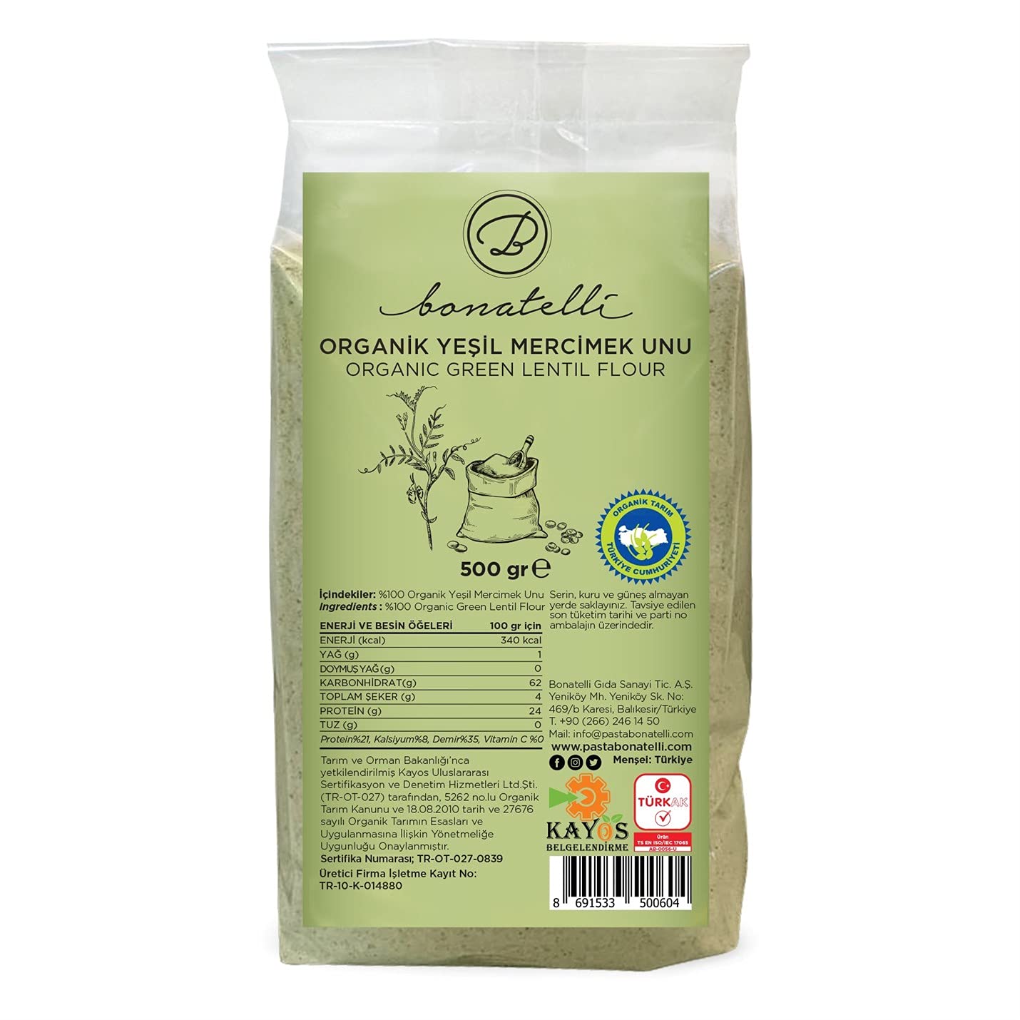 Tellioğlu Organik Yeşil Mercimek Unu (500 gr.)