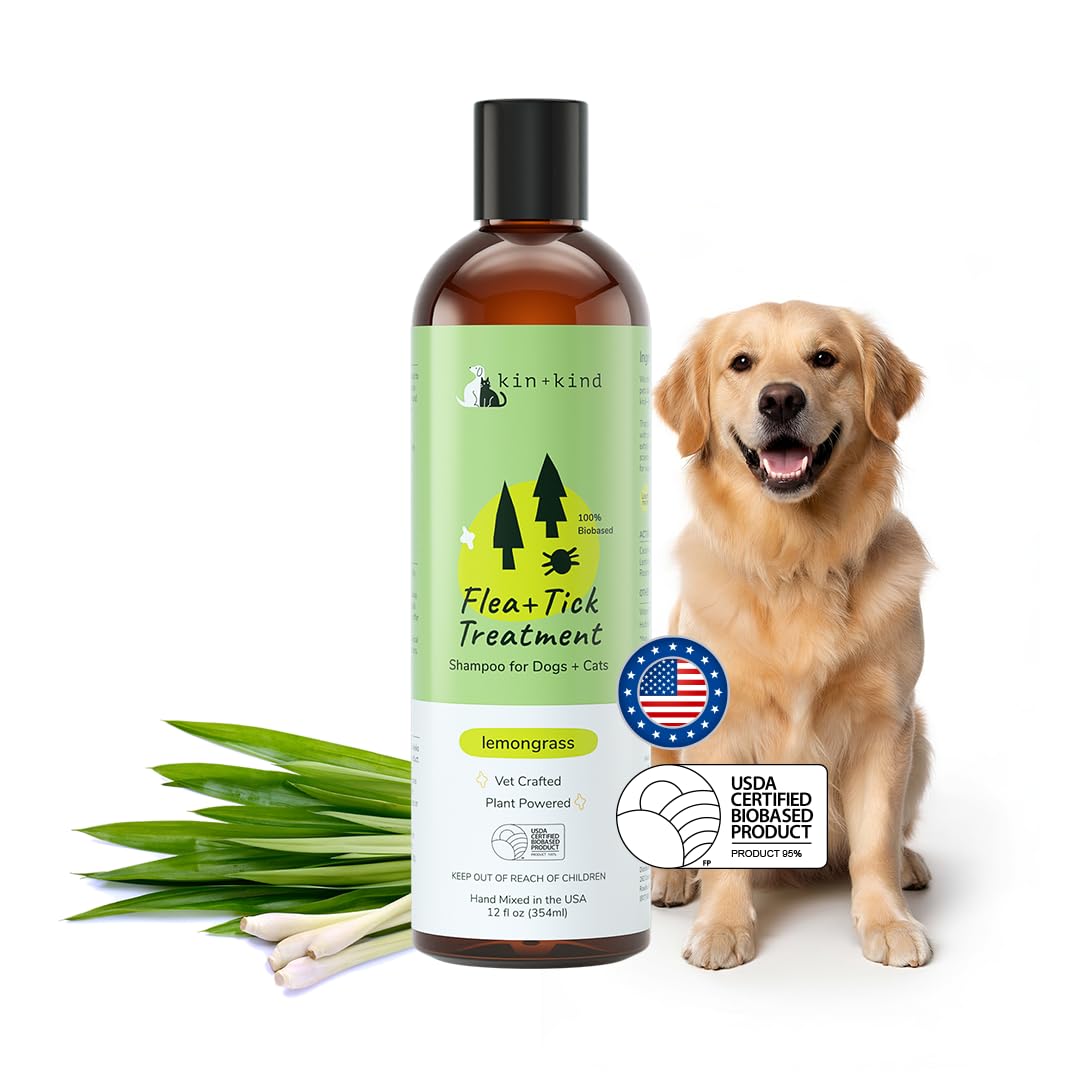 kin+kind Cat & Dog Shampoo Flea and Tick Vet Formulated - Natural Flea and Tick Prevention for Dogs - Plant Powered Shampoo w/Coconut & Olive Oil -