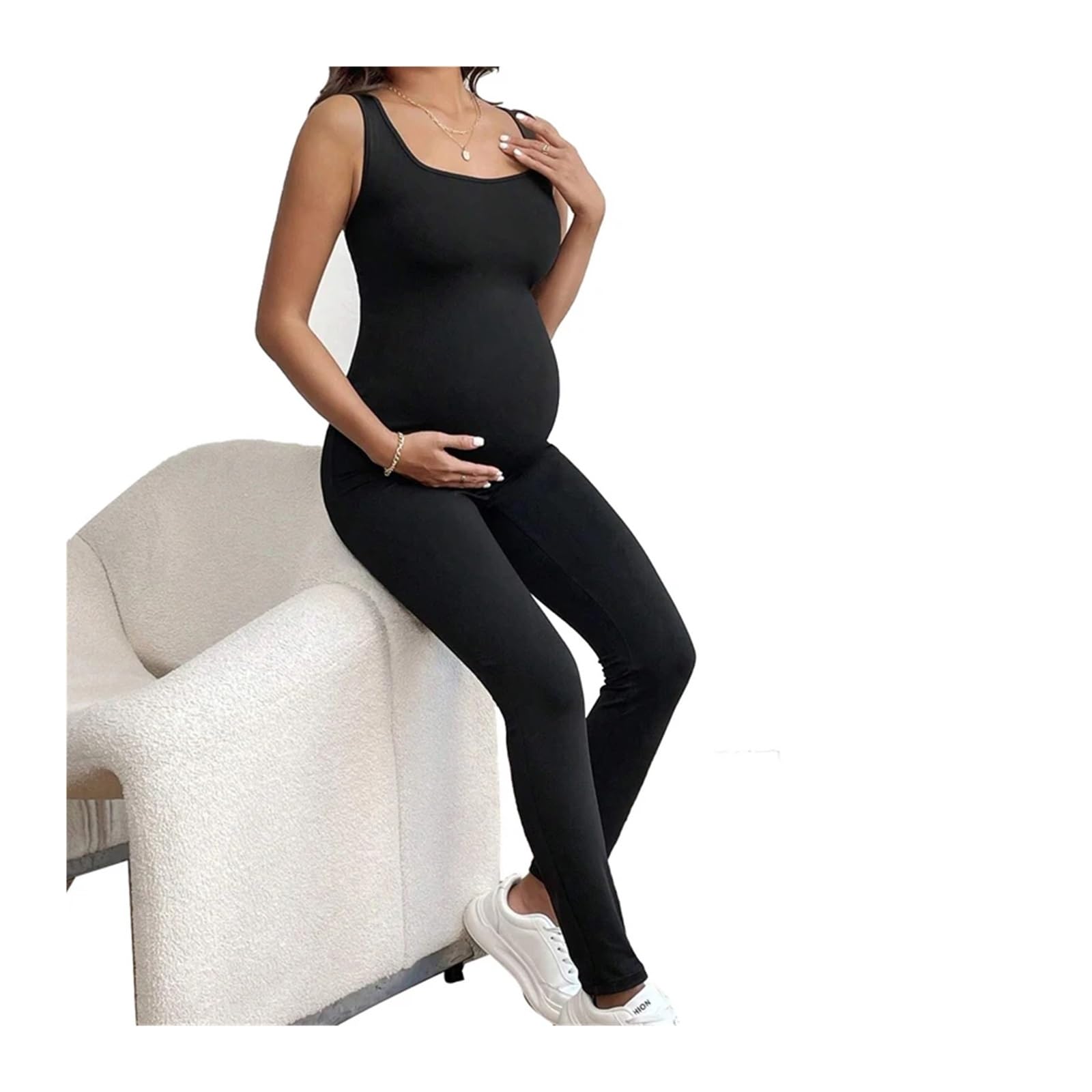 Mono Informal sin Mangas de Verano, Negro, Moldeador de Maternidad, Pantalones Ajustados for Embarazadas(S)