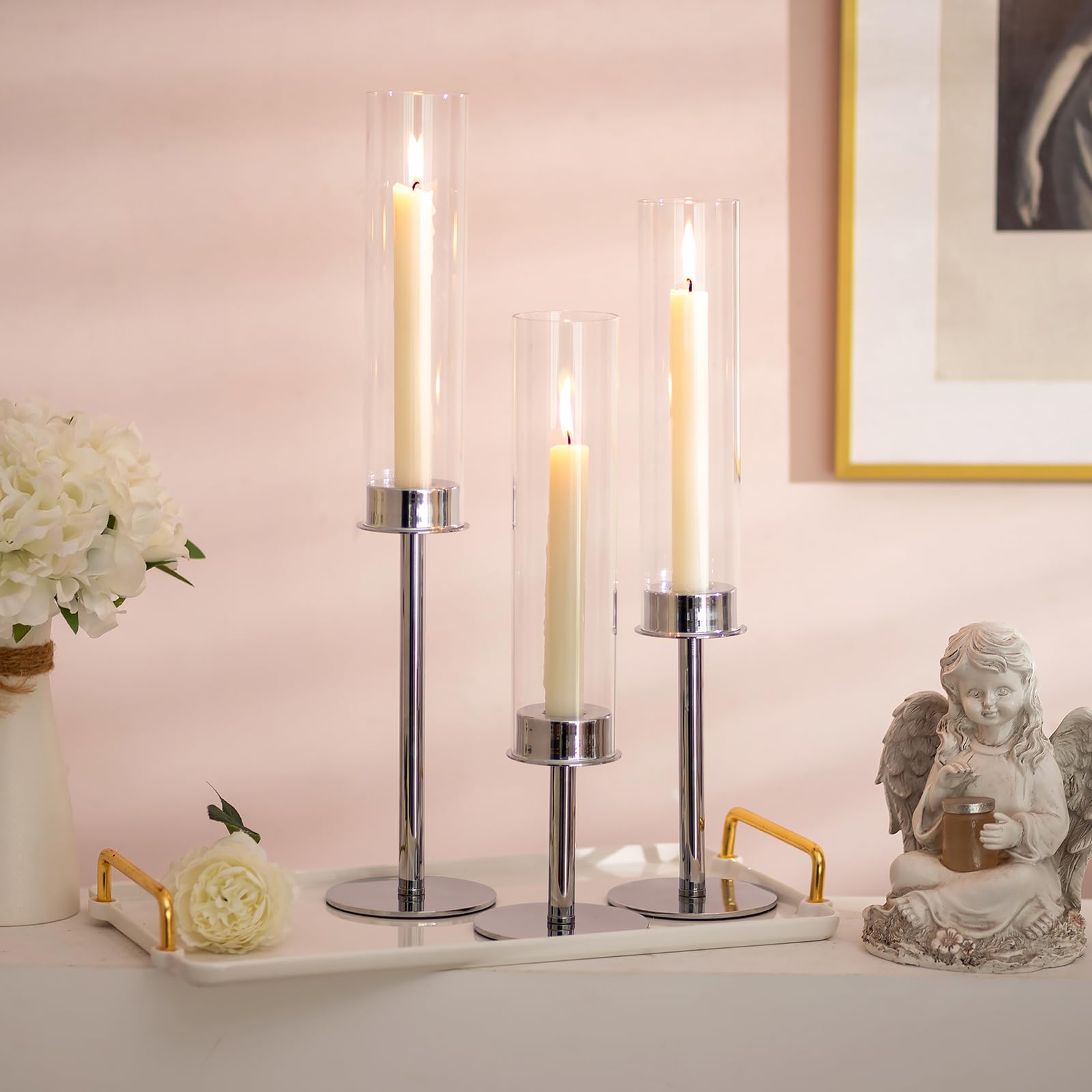 Sziqiqi Silver Tall Candlestick Holders - 19inch Taper Candle Holder for Wedding 3pcs Long Candle Sticks Holder with Removable Glass Candle Stand for Table Centerpiece