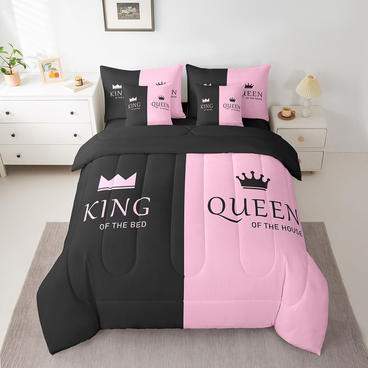 Feelyou Crown Queen King Bed Set King Size, Pink Black 7 Piece Bedding Set Crown His Hers Bed in a Bag Kids Romantic Valentine's Day Bed in a Bag with Comforter, Sheets, Pillowcases & Cushion Cover - Image 2