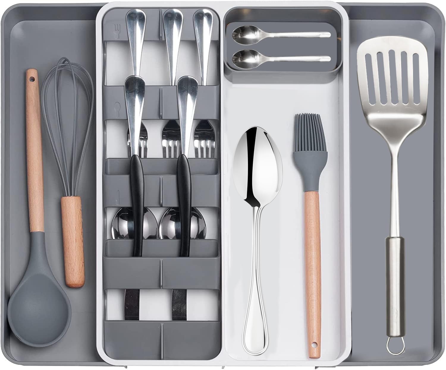 Kitchen Drawer Organizer Cutlery Tray: ® Expandable Silverware Organizer Utensil Holder– Upgraded Large Plastic Drawer Dividers for Flatware and Kitchen Utensils, 9 Compartments