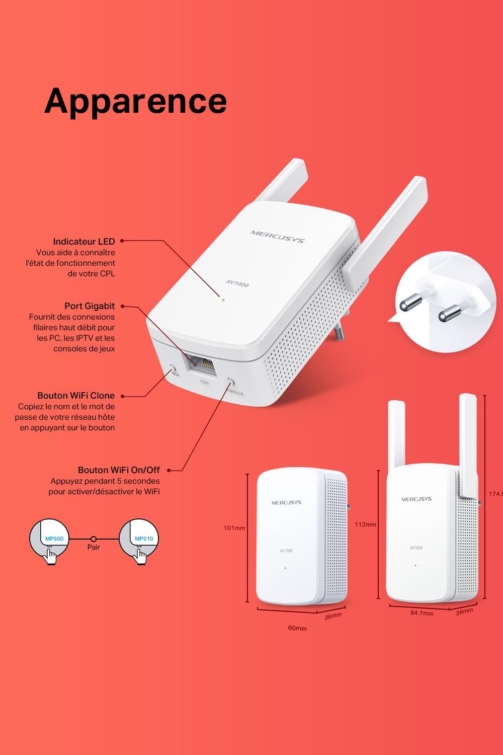 Mercusys MP510 KIT Powerline WLAN 1000 Mbit/s HomePlug AV2 300 Mbit/s Wi-Fi Gigabit