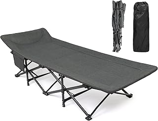CHENDY Camping Beds for Adults, 74.8 x 26.7\'\' Extra Wide Camp Bed with Cushion and Side Pocket, Portable Travel Camping Cot for Travel Fishing Outdoor Picnic Office Indoor with Carry Bag,450 lbs
