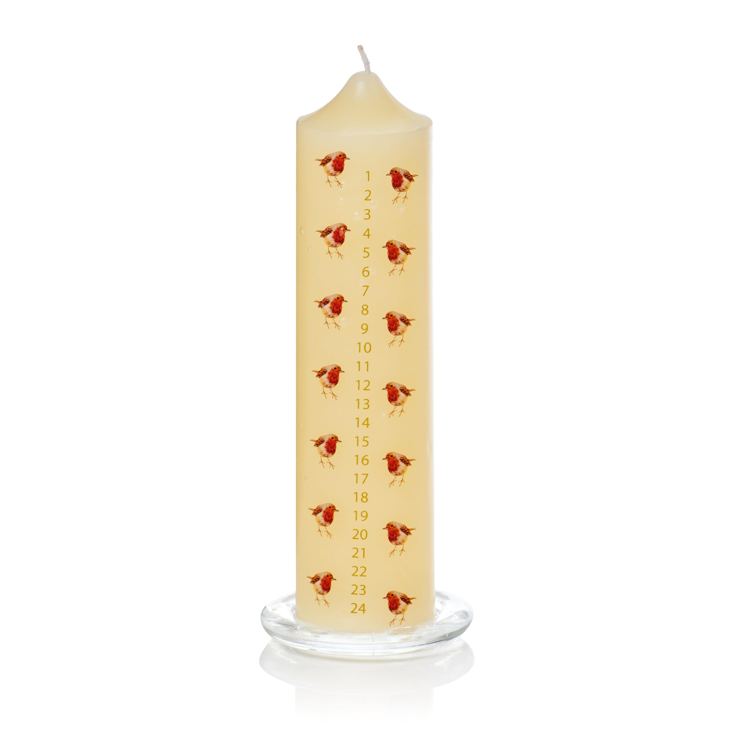 Widdle Gifts Multi Christmas Advent Candle 20Cm Advent Candle With Pictures On Glass Tray (Ivory Robin 7684)
