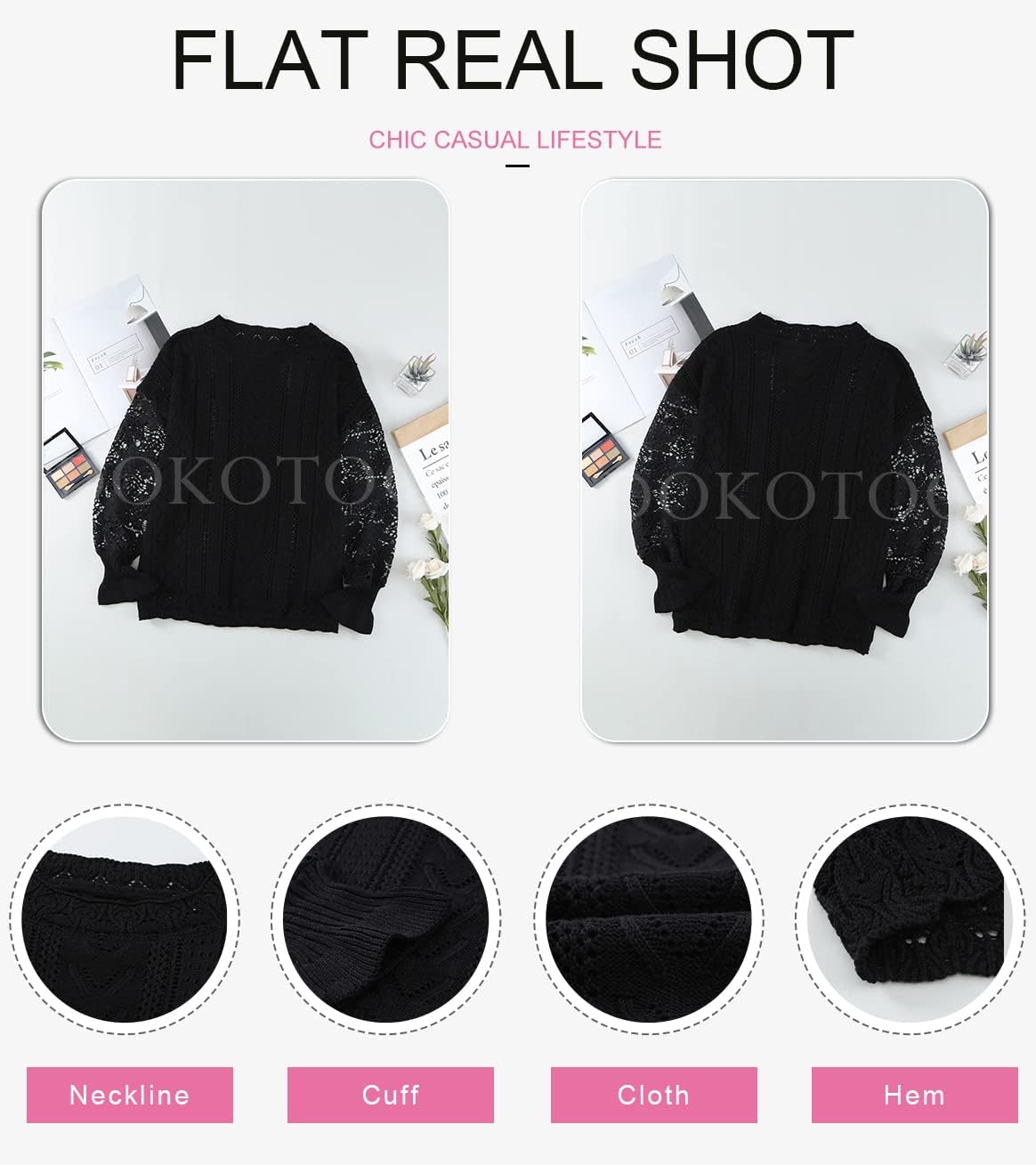 Dokotoo Womens Crewneck Crochet Lace Long Sleeve Hollow Out Cable Knit Sweaters Pullover Tops